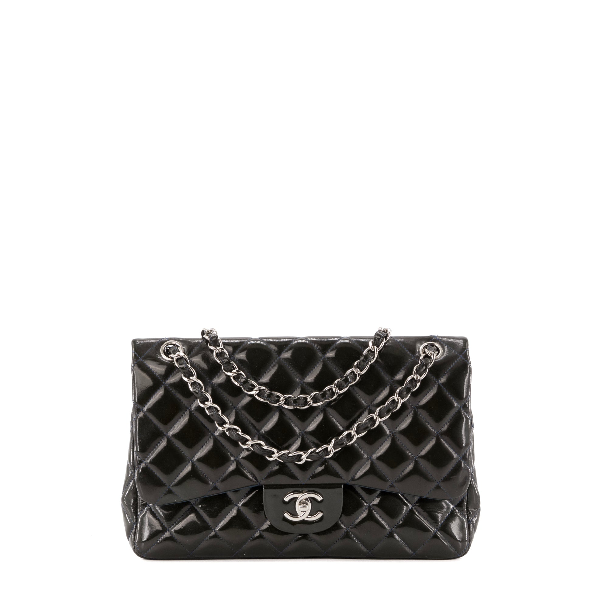 CHANEL - Sac à bandoulière Classique/Timeless Jumbo Chanel en cuir verni kaki