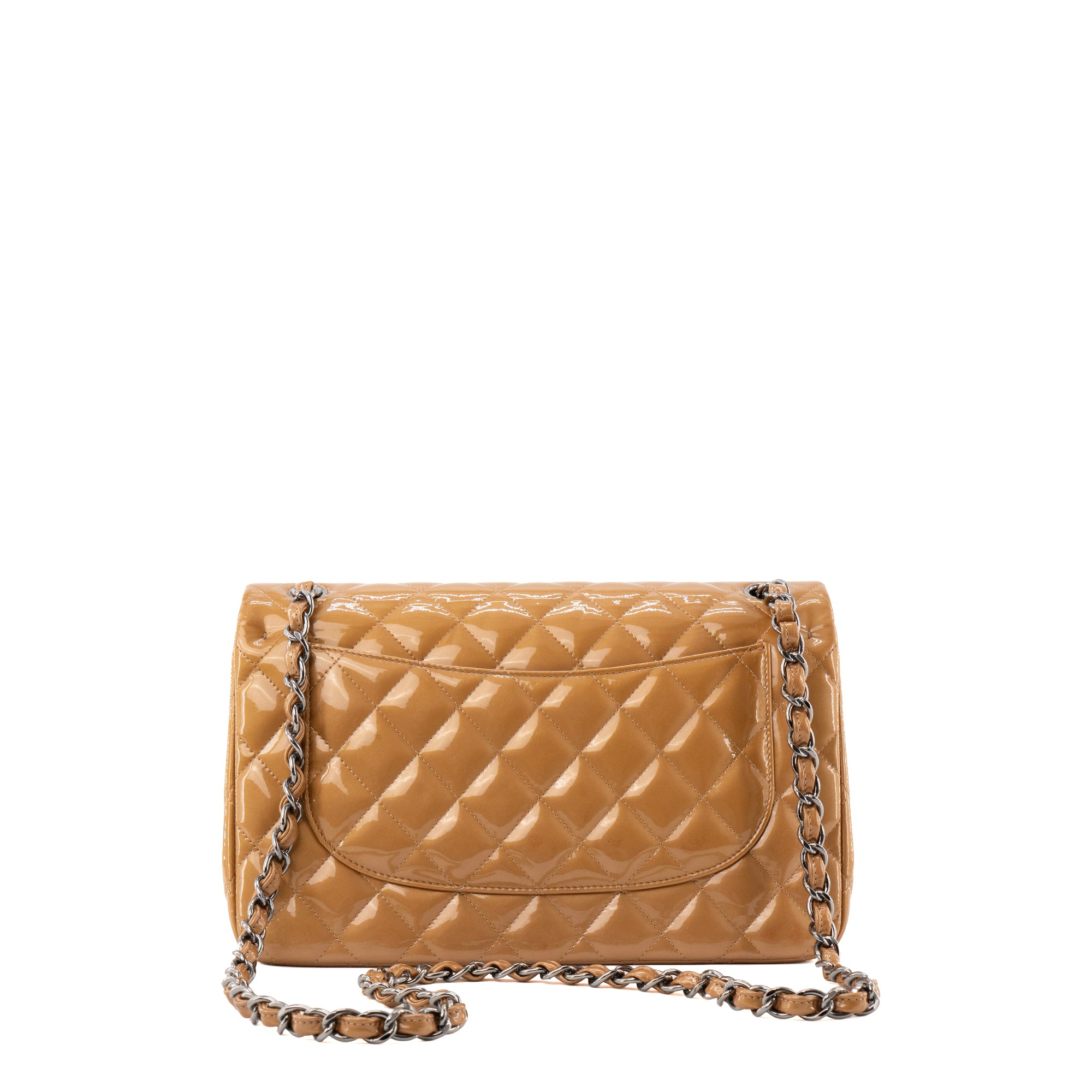 CHANEL - Sac à bandoulière Classique/Timeless Jumbo Chanel en cuir verni marron irisé