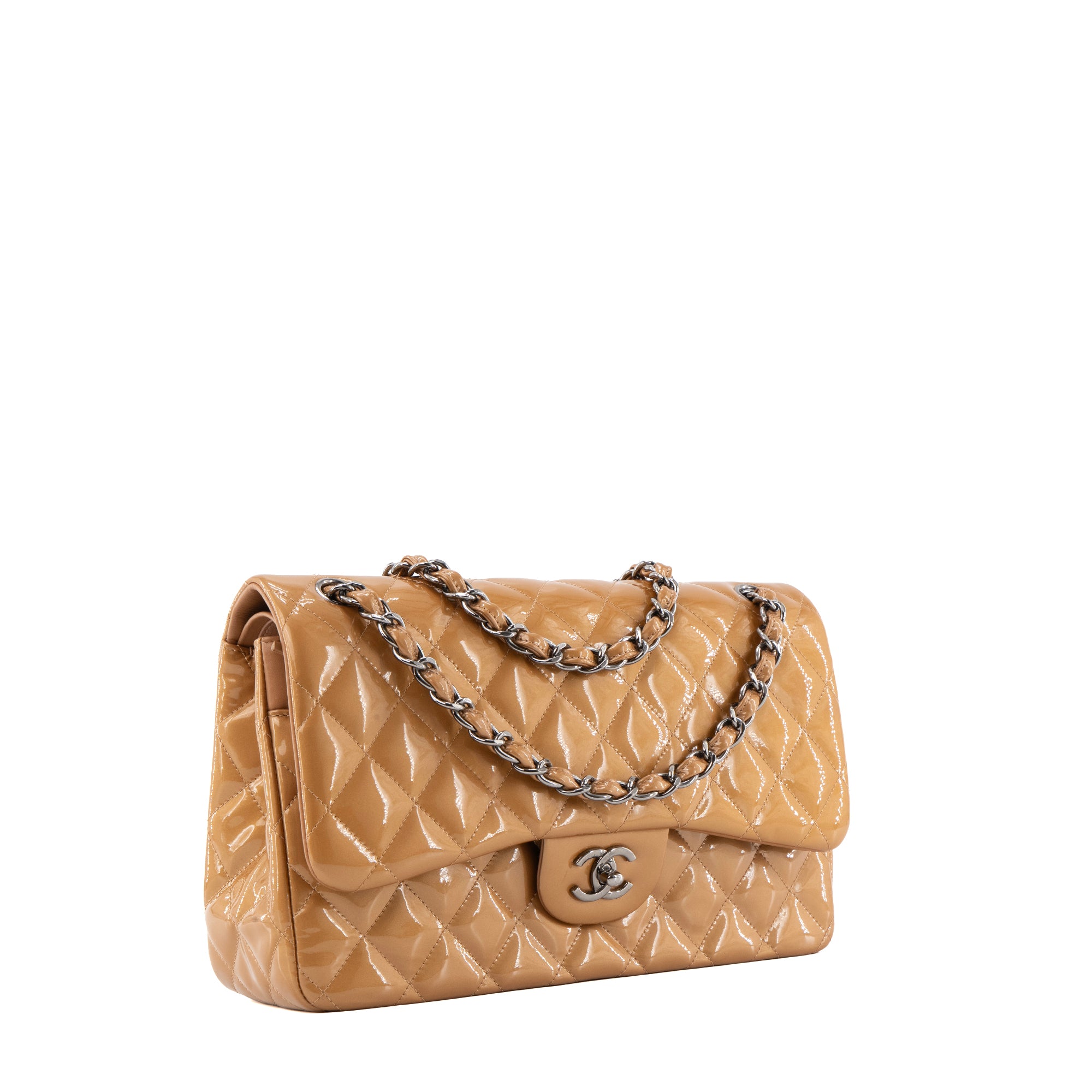 CHANEL - Sac à bandoulière Classique/Timeless Jumbo Chanel en cuir verni marron irisé