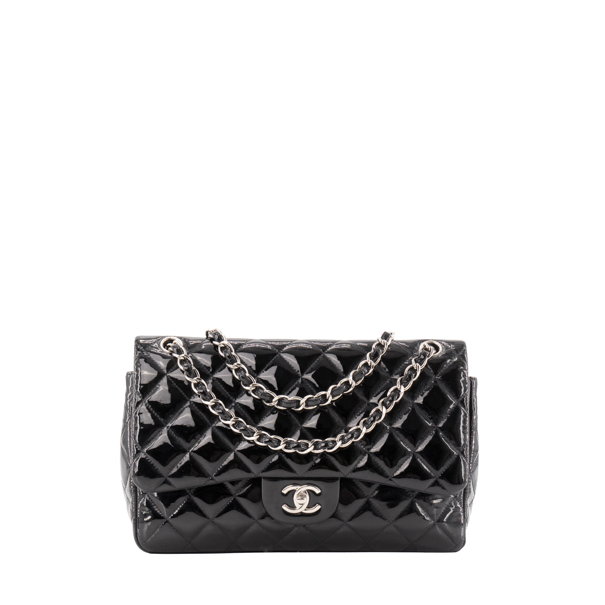 CHANEL - Sac à bandoulière Classique/Timeless Jumbo Chanel en cuir verni noir