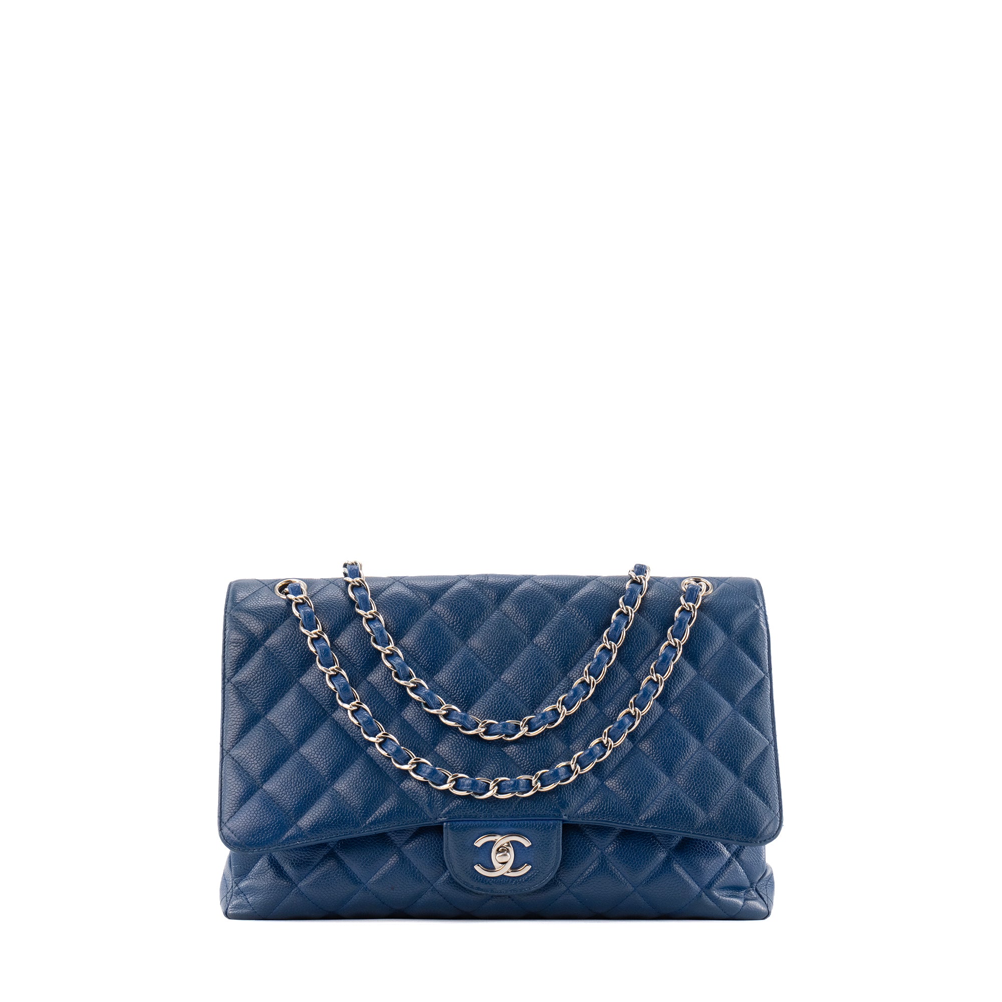 CHANEL - Sac à bandoulière Classique/Timeless Maxi Jumbo Chanel en cuir caviar bleu électrique