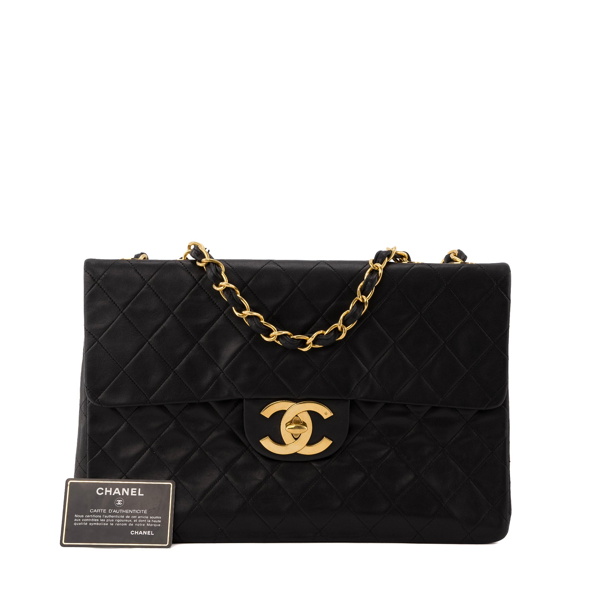 CHANEL - Sac à bandoulière Classique/Timeless Maxi Jumbo Chanel en cuir lisse noir vintage