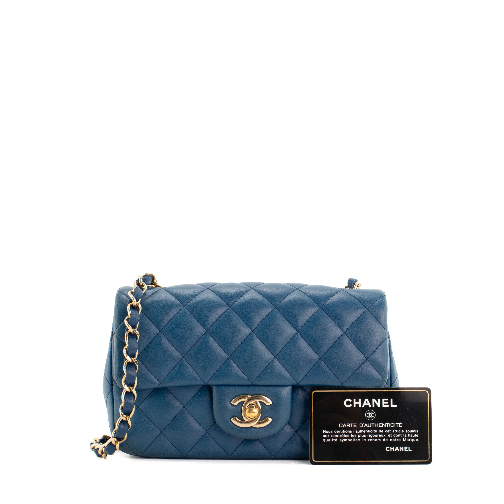 CHANEL - Sac à bandoulière Classique/Timeless Mini rectangle Chanel en cuir lisse bleu marine