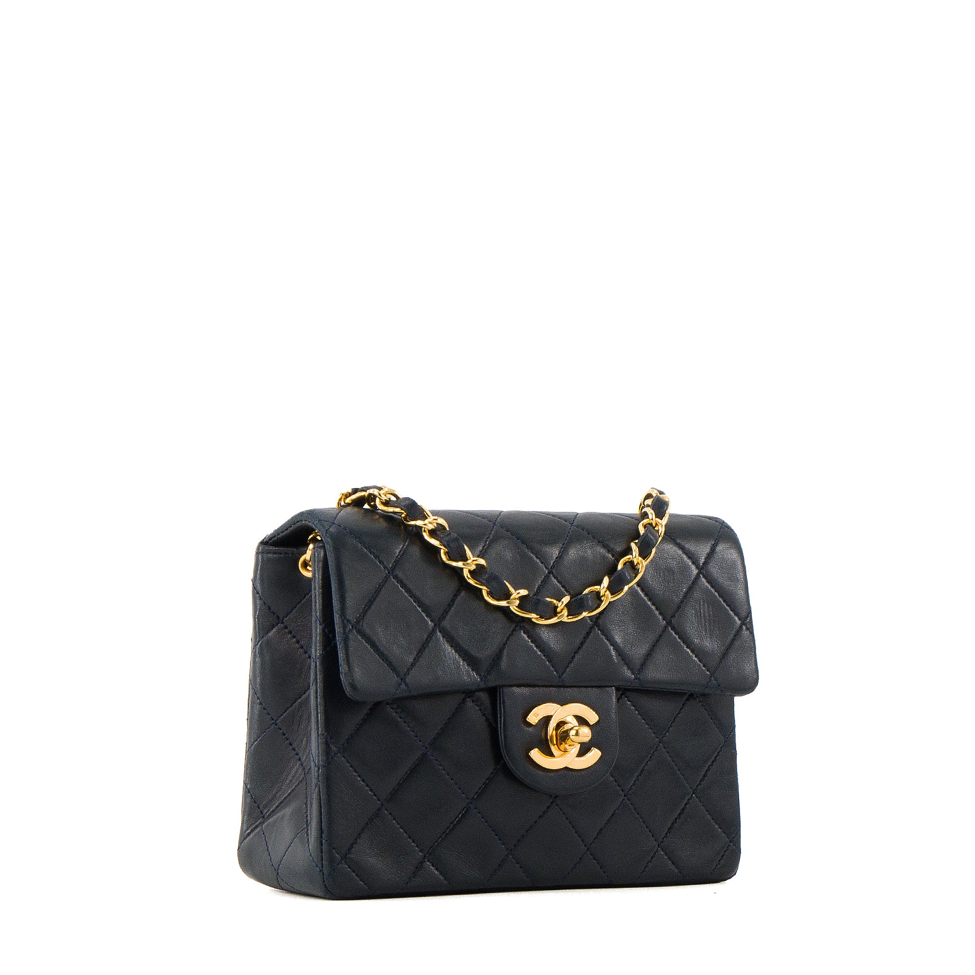 CHANEL - Sac à bandoulière Classique/Timeless Mini Rectangle Chanel en cuir lisse bleu marine vintage