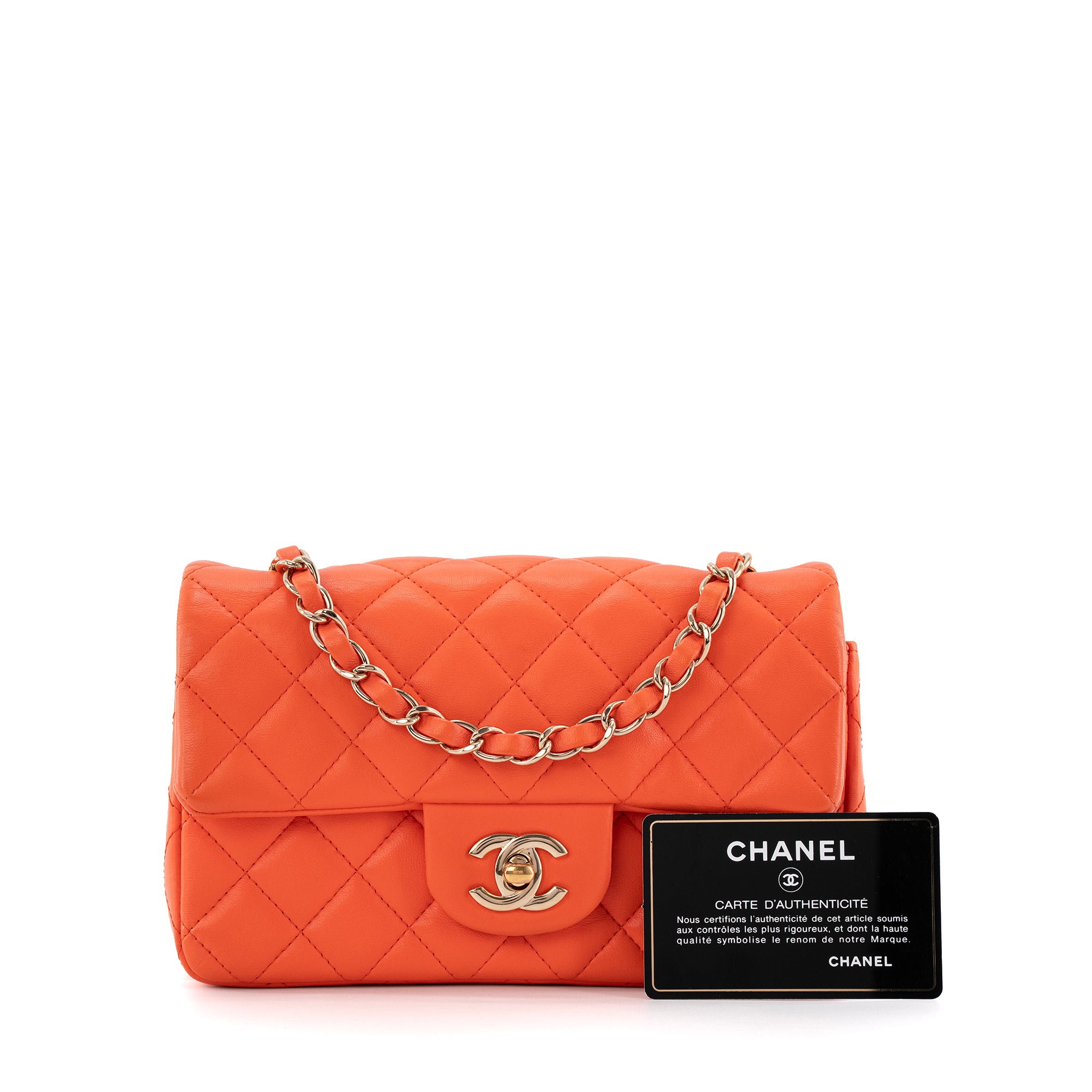 CHANEL - Sac à bandoulière Classique/Timeless Mini Rectangle Chanel en cuir lisse orange