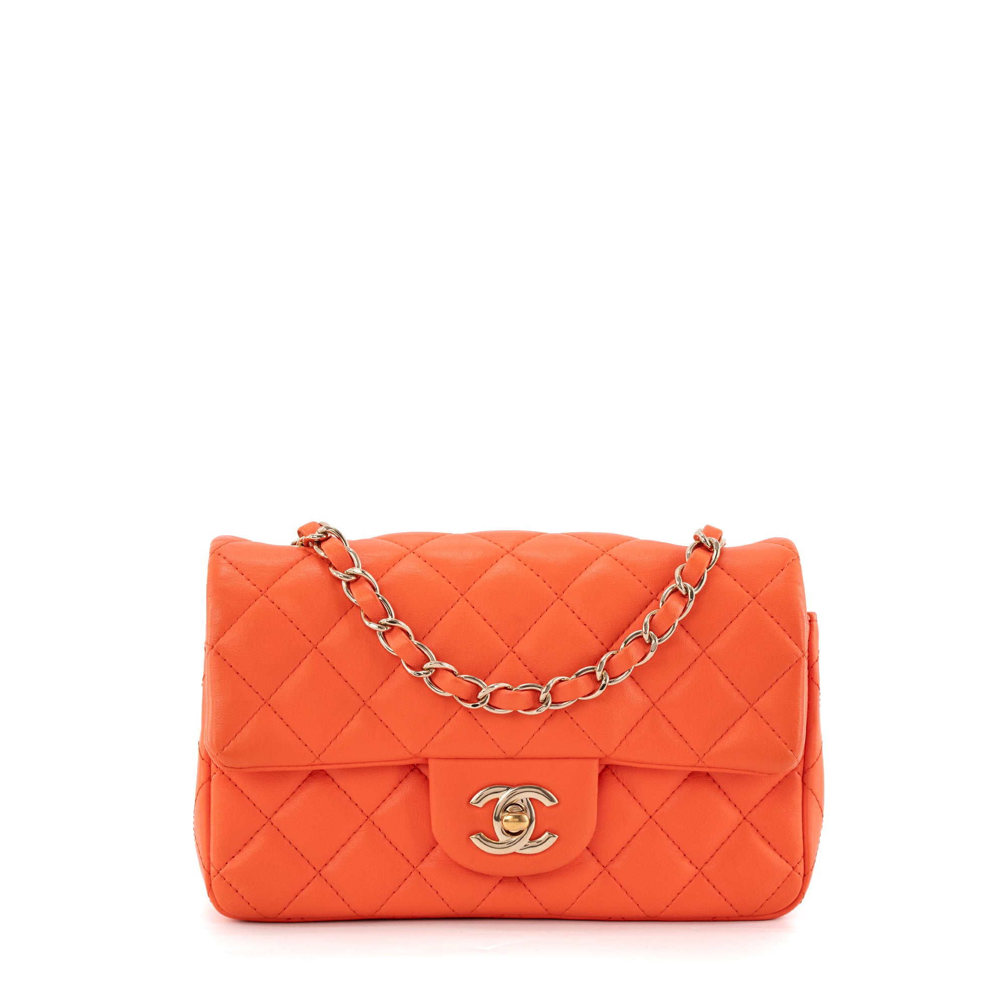 CHANEL - Sac à bandoulière Classique/Timeless Mini Rectangle Chanel en cuir lisse orange