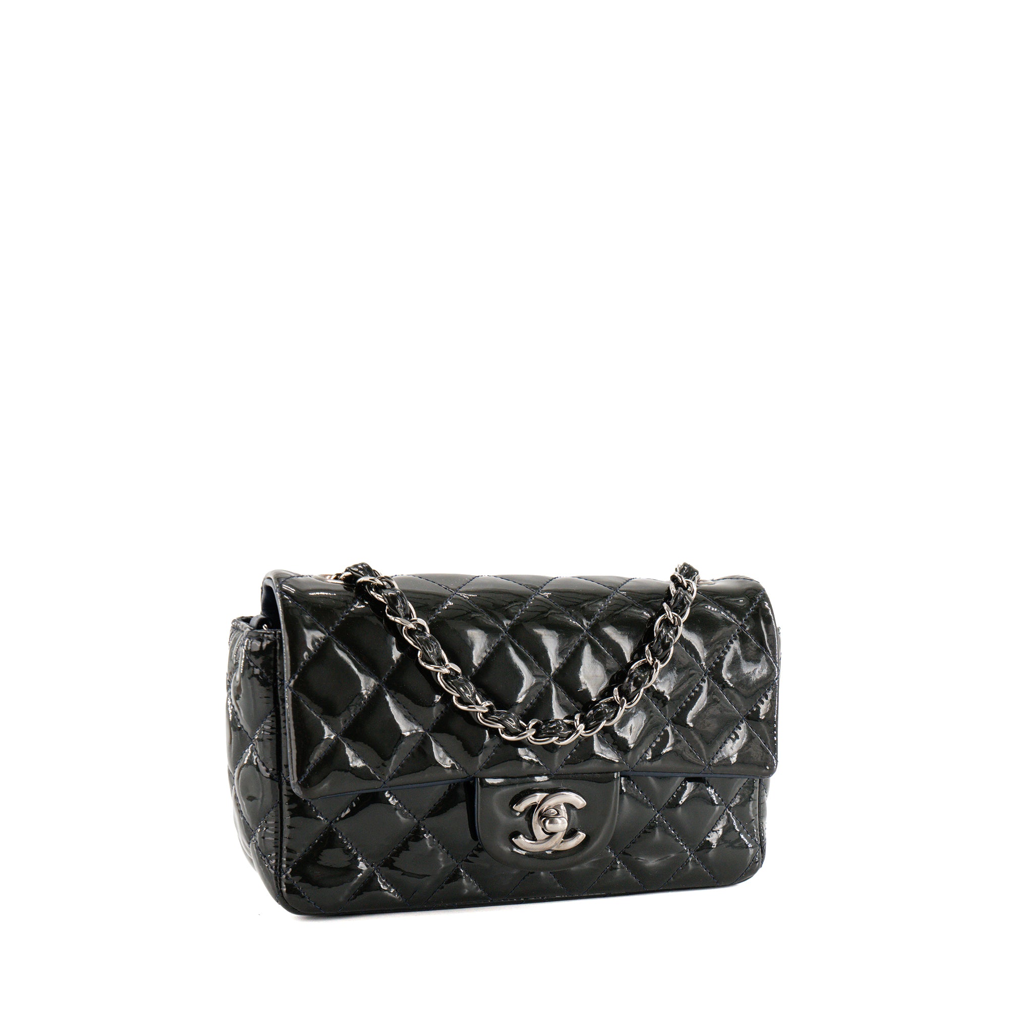 CHANEL - Sac à bandoulière Classique/Timeless Mini Rectangle Chanel en cuir verni kaki