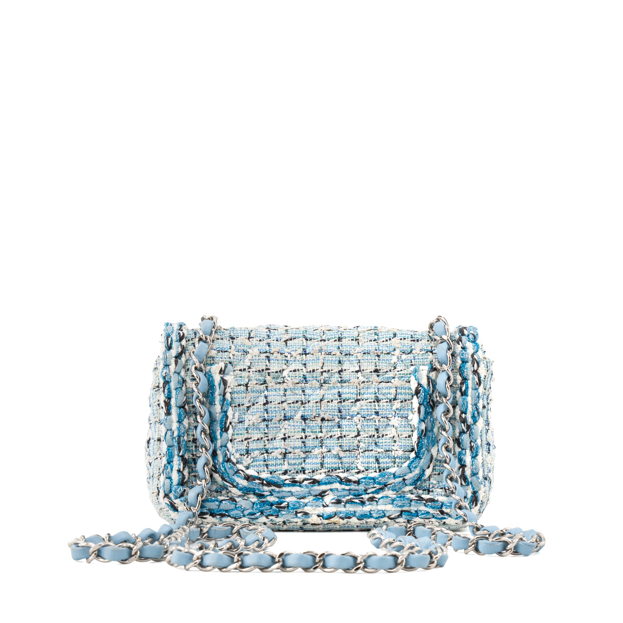 CHANEL - Sac à bandoulière Classique/Timeless Mini Rectangle Chanel en tweed bleu et blanc