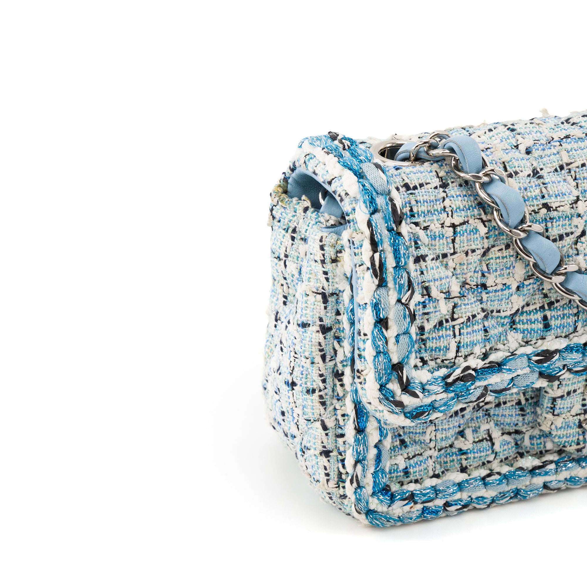 CHANEL - Sac à bandoulière Classique/Timeless Mini Rectangle Chanel en tweed bleu et blanc