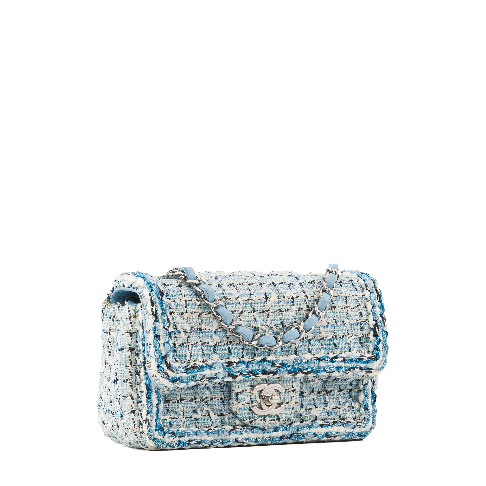 CHANEL - Sac à bandoulière Classique/Timeless Mini Rectangle Chanel en tweed bleu et blanc