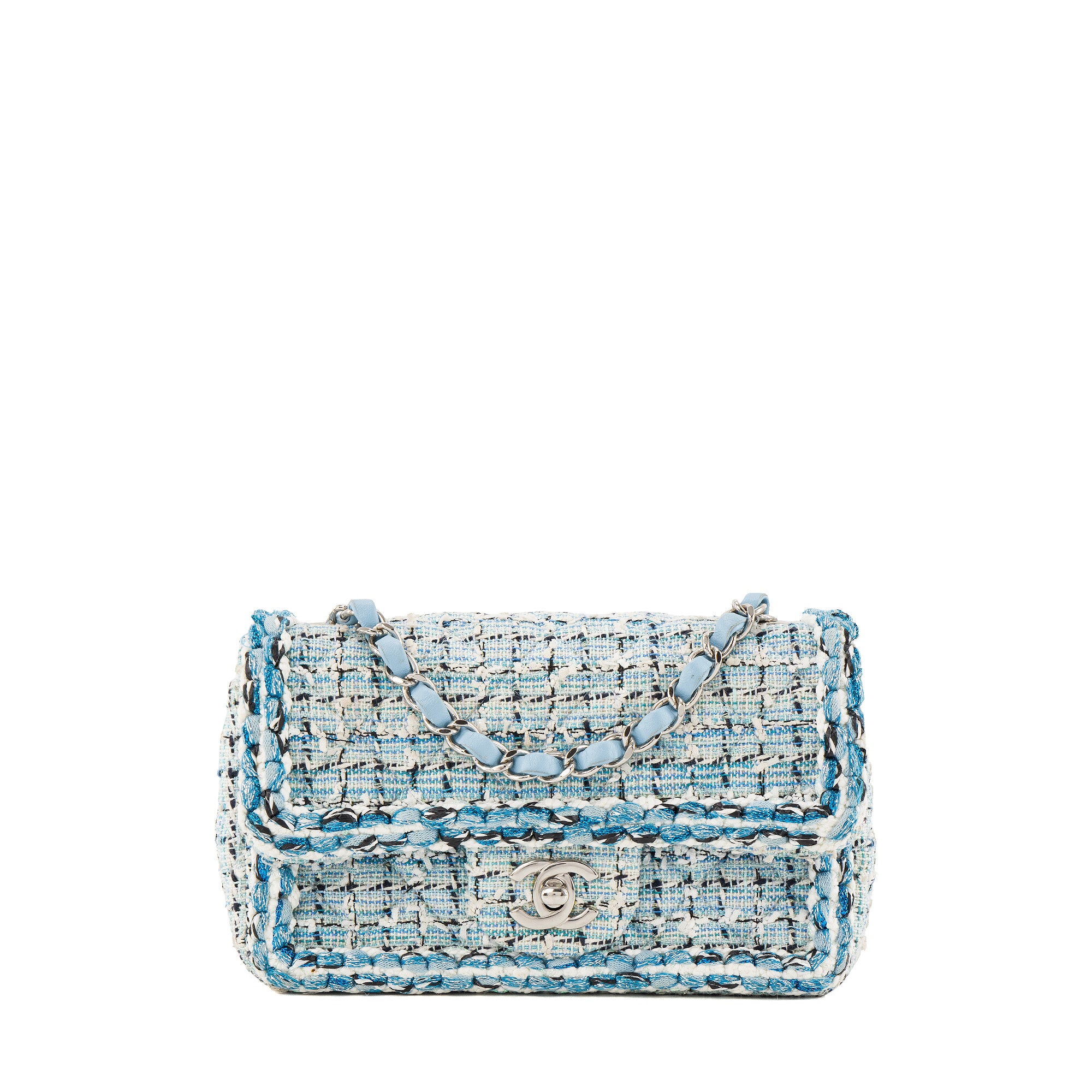 CHANEL - Sac à bandoulière Classique/Timeless Mini Rectangle Chanel en tweed bleu et blanc