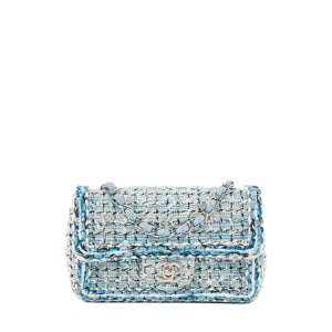 CHANEL - Sac à bandoulière Classique/Timeless Mini Rectangle Chanel en tweed bleu et blanc
