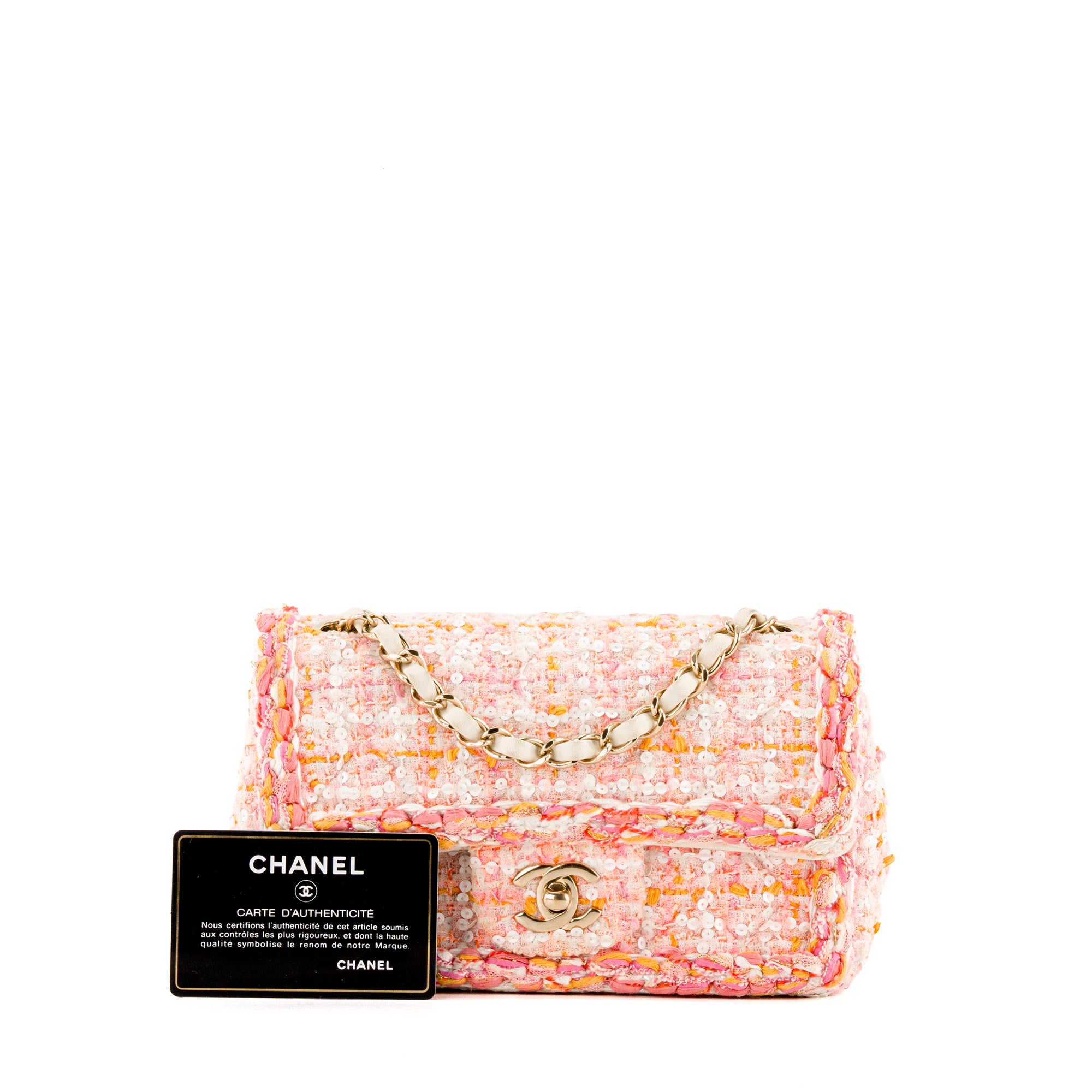 CHANEL - Sac à bandoulière Classique/Timeless Mini Rectangle Chanel en tweed rose, orange et sequins