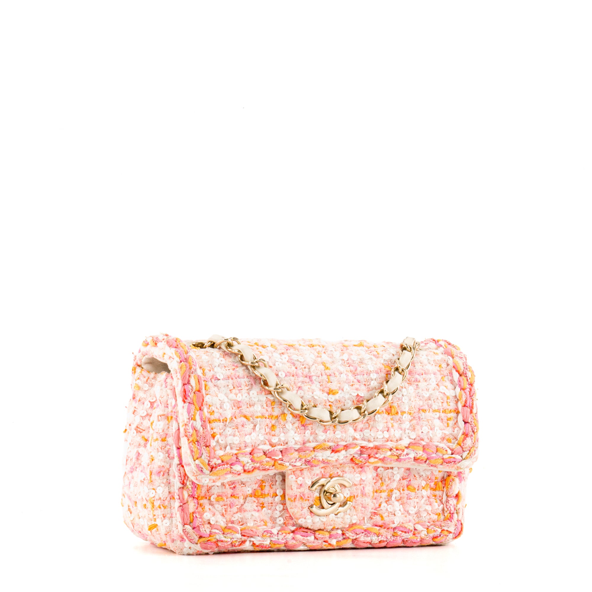 CHANEL - Sac à bandoulière Classique/Timeless Mini Rectangle Chanel en tweed rose, orange et sequins