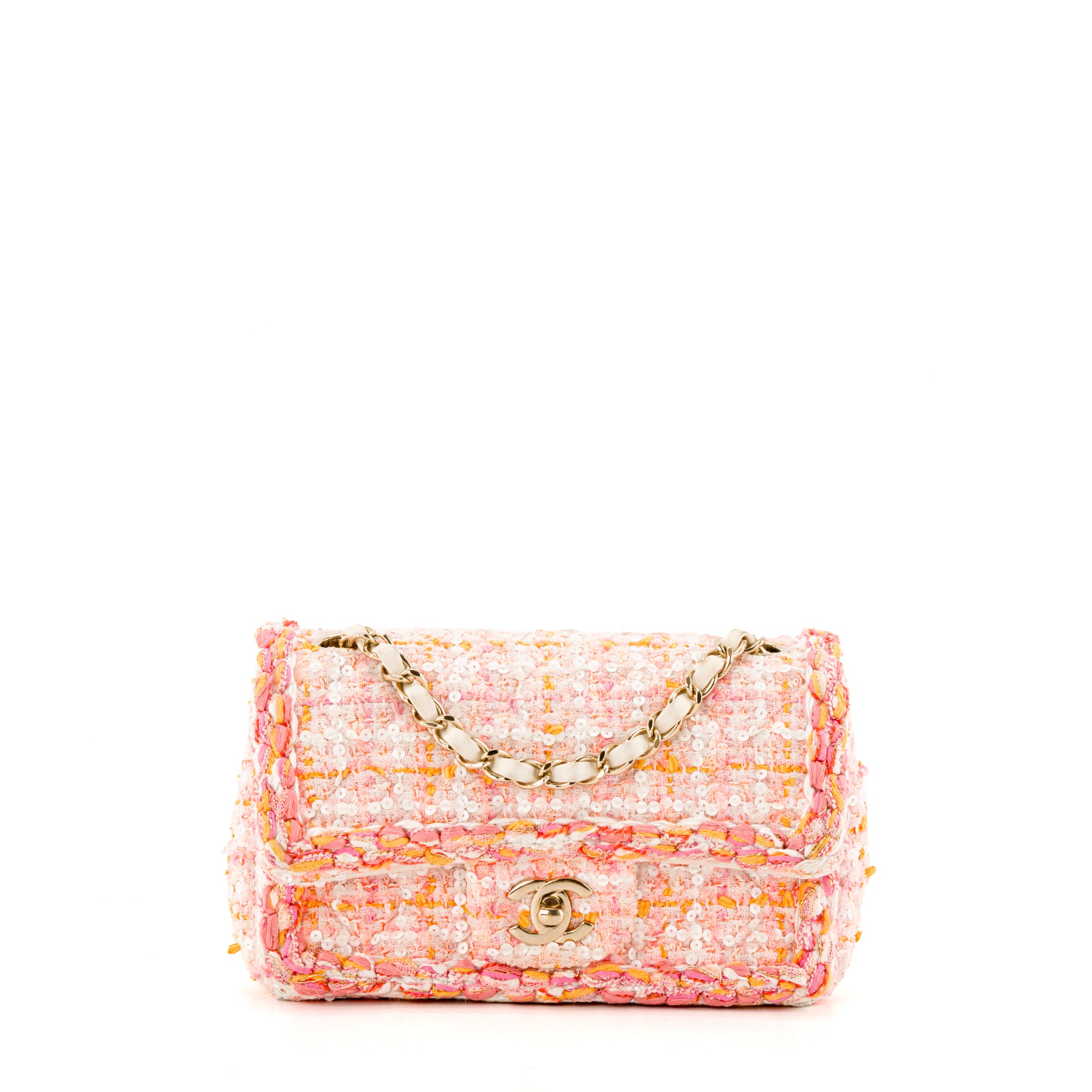 CHANEL - Sac à bandoulière Classique/Timeless Mini Rectangle Chanel en tweed rose, orange et sequins