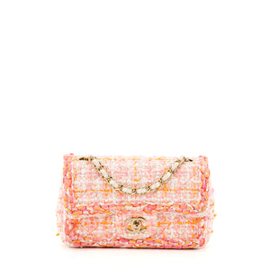 CHANEL - Sac à bandoulière Classique/Timeless Mini Rectangle Chanel en tweed rose, orange et sequins