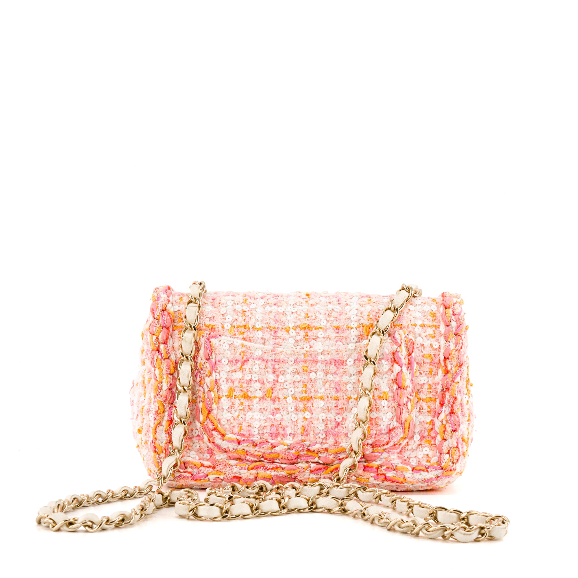 CHANEL - Sac à bandoulière Classique/Timeless Mini Rectangle Chanel en tweed rose, orange et sequins