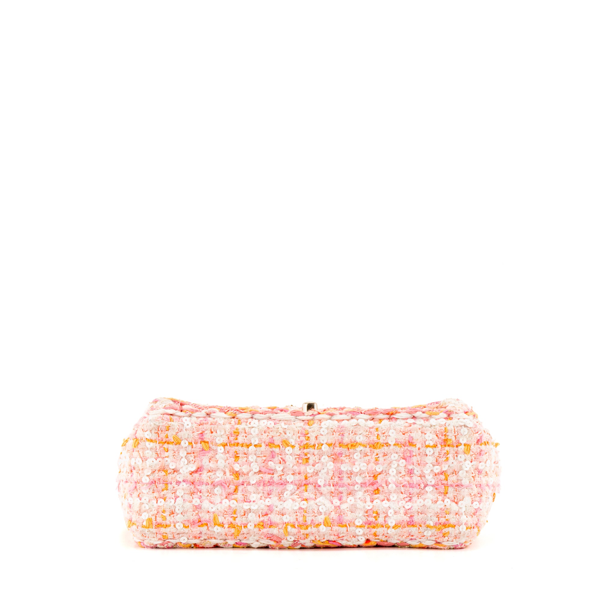 CHANEL - Sac à bandoulière Classique/Timeless Mini Rectangle Chanel en tweed rose, orange et sequins