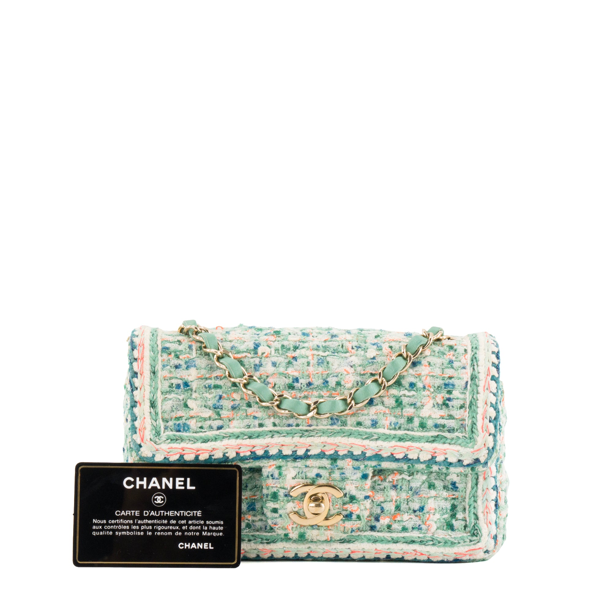 CHANEL - Sac à bandoulière Classique/Timeless Mini Rectangle Chanel en tweed turquoise et orange