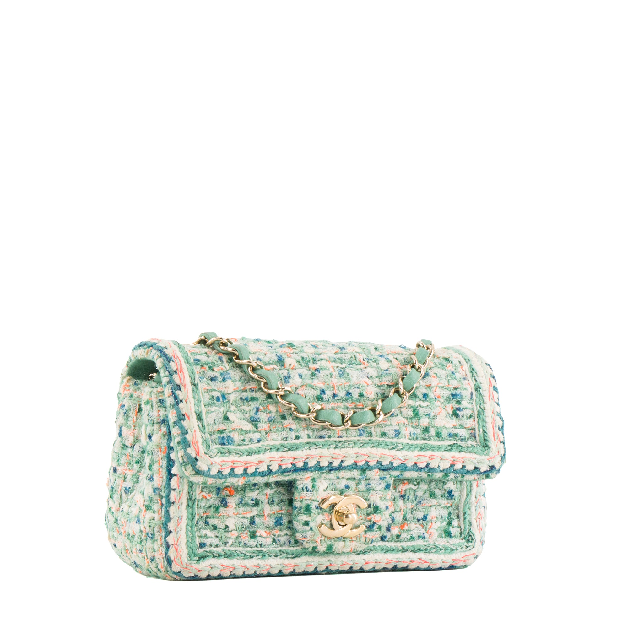 CHANEL - Sac à bandoulière Classique/Timeless Mini Rectangle Chanel en tweed turquoise et orange