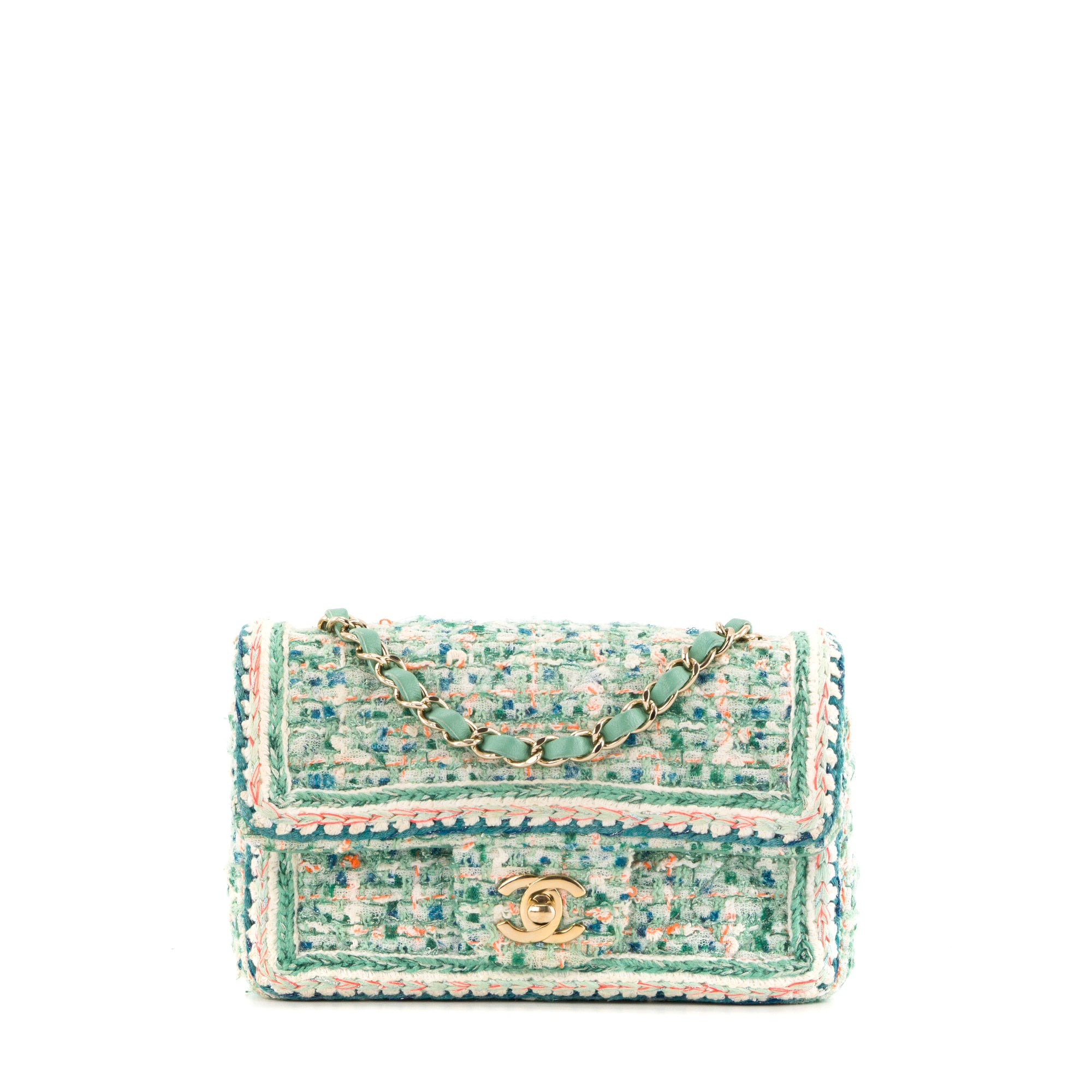 CHANEL - Sac à bandoulière Classique/Timeless Mini Rectangle Chanel en tweed turquoise et orange
