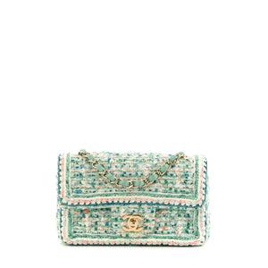 CHANEL - Sac à bandoulière Classique/Timeless Mini Rectangle Chanel en tweed turquoise et orange