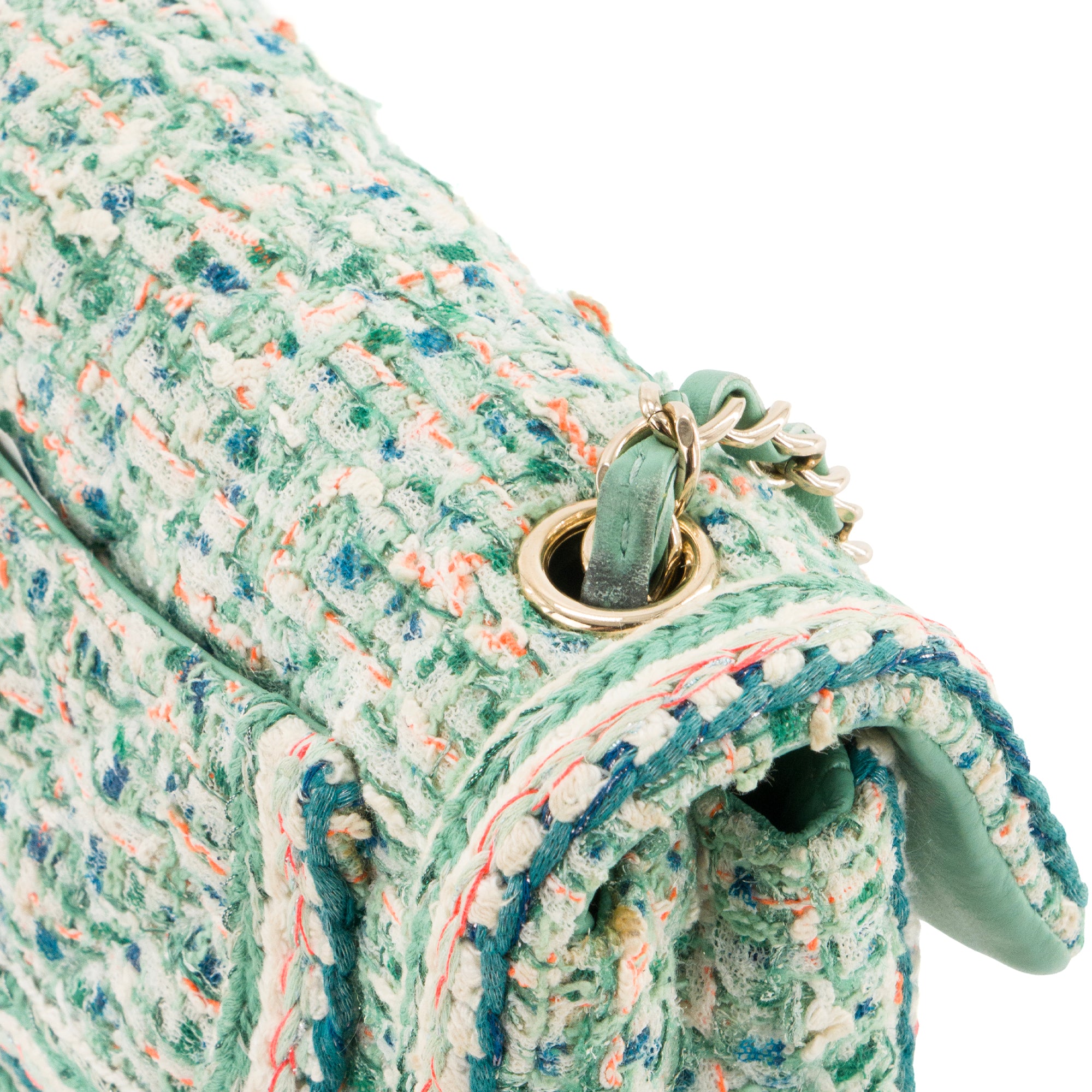 CHANEL - Sac à bandoulière Classique/Timeless Mini Rectangle Chanel en tweed turquoise et orange