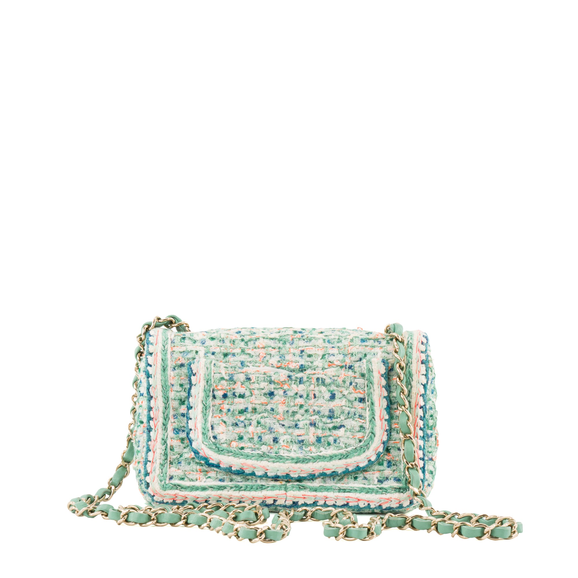 CHANEL - Sac à bandoulière Classique/Timeless Mini Rectangle Chanel en tweed turquoise et orange