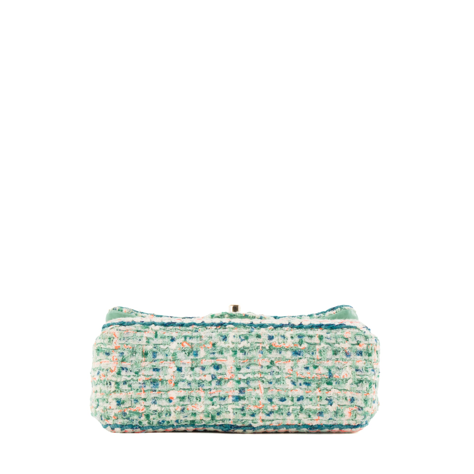 CHANEL - Sac à bandoulière Classique/Timeless Mini Rectangle Chanel en tweed turquoise et orange