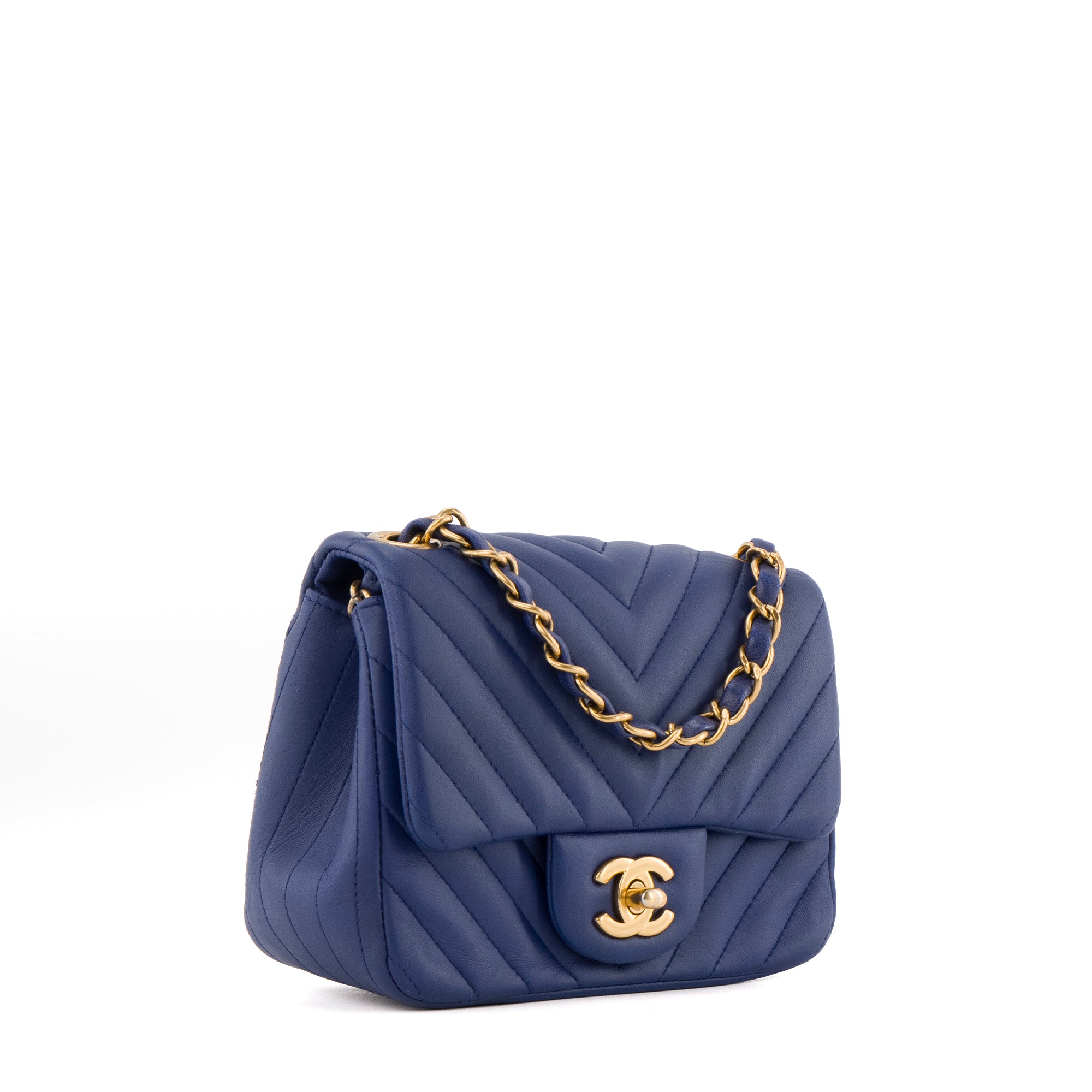 CHANEL - Sac à bandoulière Classique/Timeless Mini Square Chanel en cuir chevron bleu marine