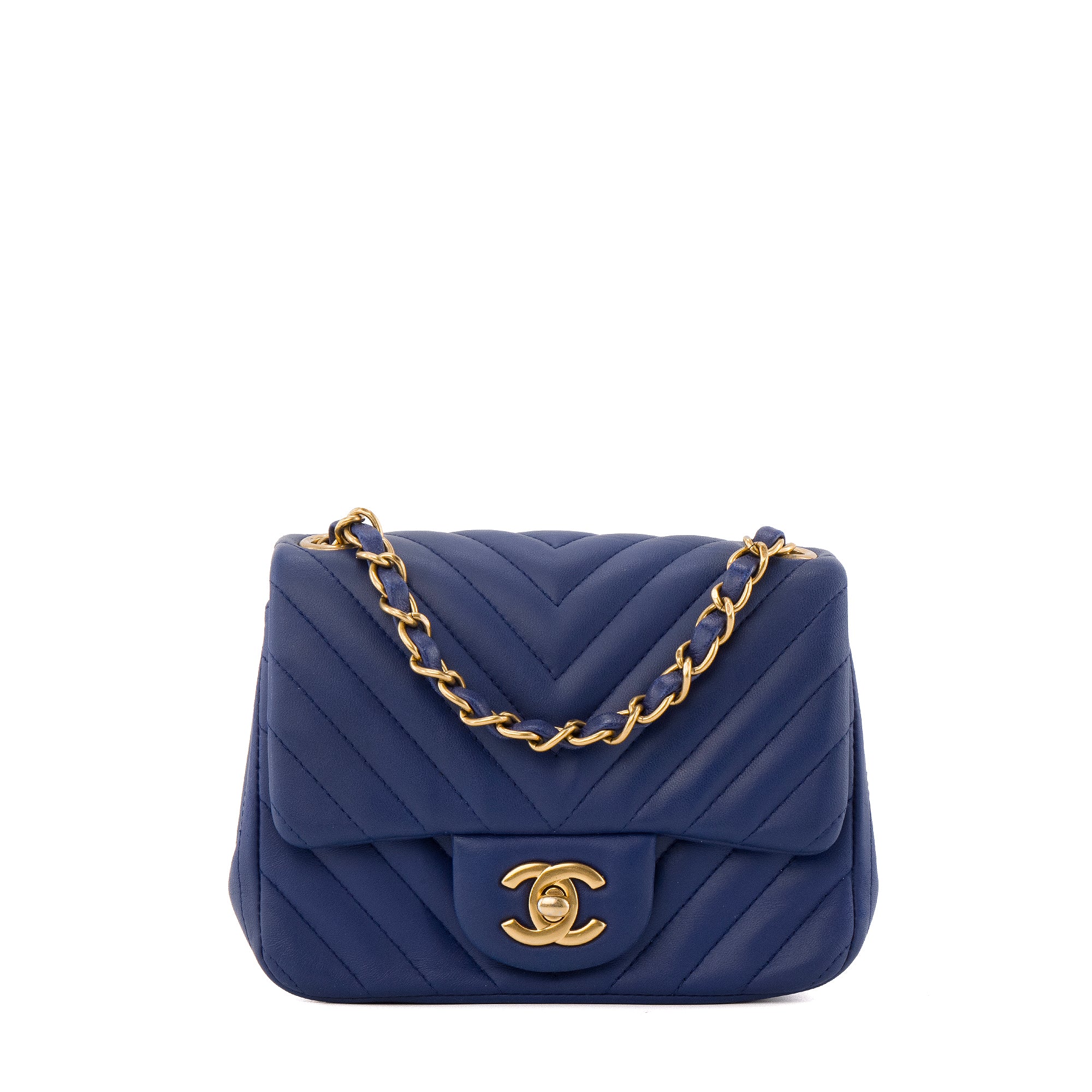 CHANEL - Sac à bandoulière Classique/Timeless Mini Square Chanel en cuir chevron bleu marine
