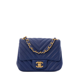 CHANEL - Sac à bandoulière Classique/Timeless Mini Square Chanel en cuir chevron bleu marine