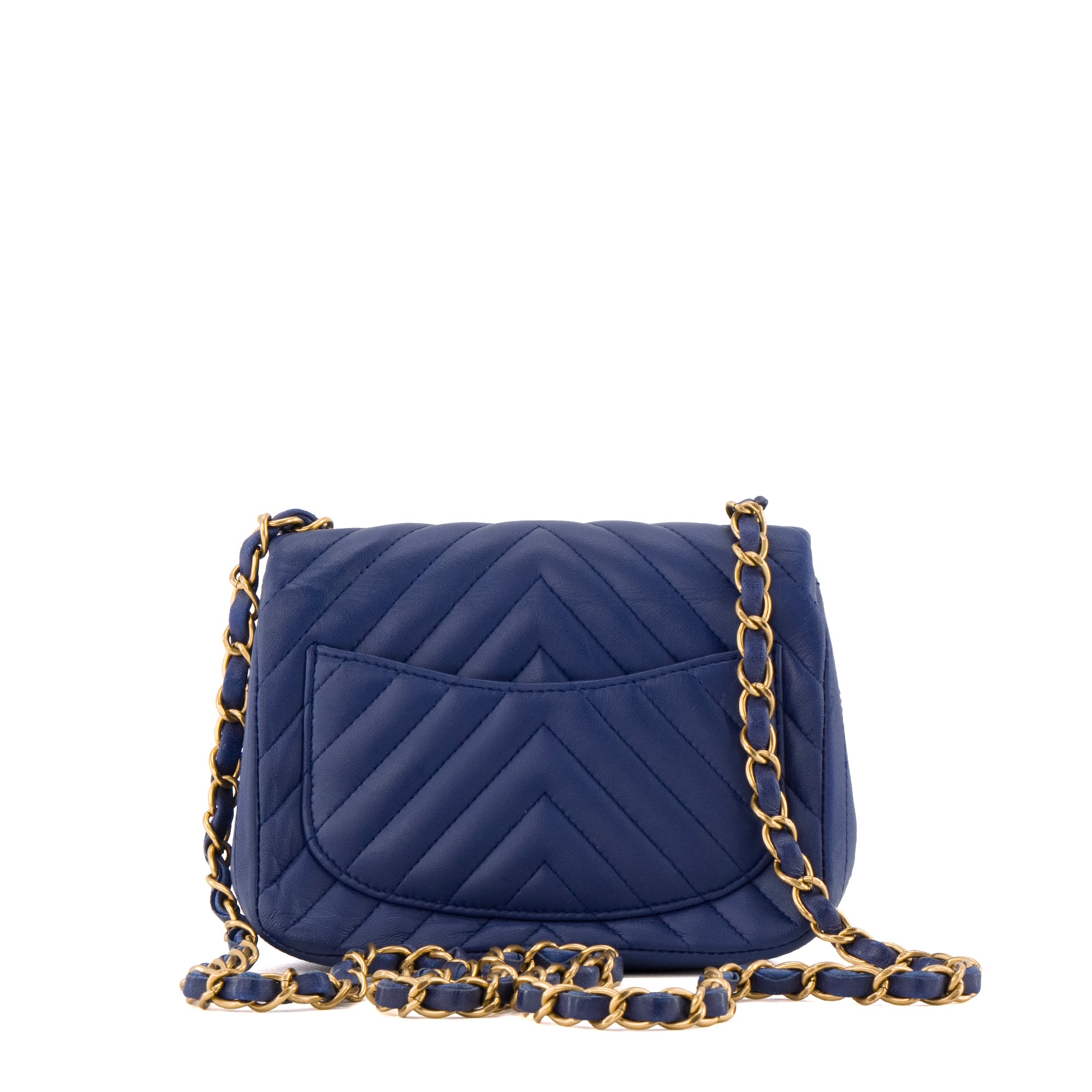CHANEL - Sac à bandoulière Classique/Timeless Mini Square Chanel en cuir chevron bleu marine