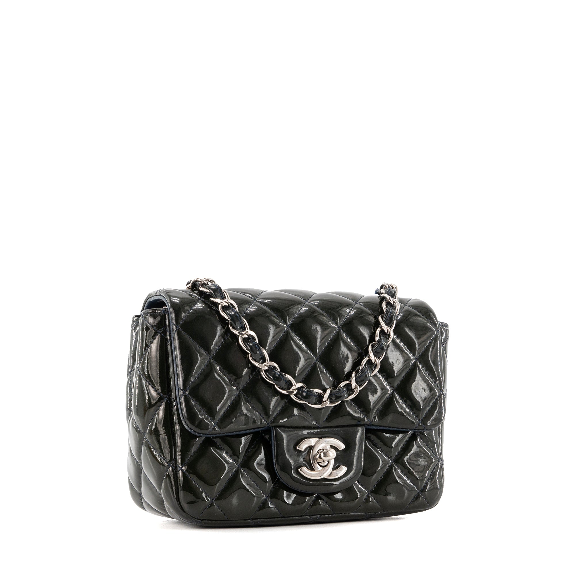 CHANEL - Sac à bandoulière Classique/Timeless Mini Square Chanel en cuir verni vert