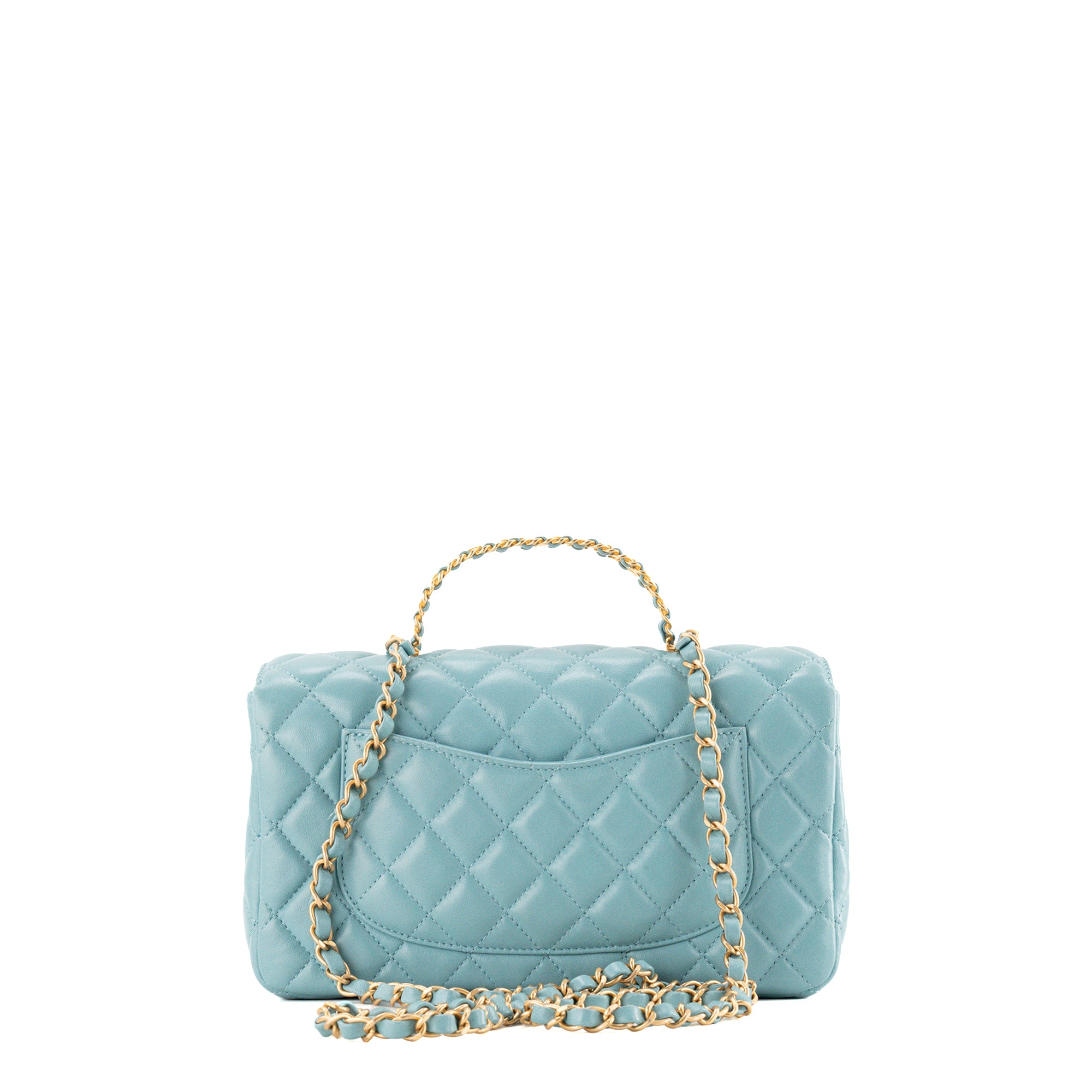CHANEL - Sac à bandoulière Classique/Timeless Top Handle Chanel en cuir lisse bleu