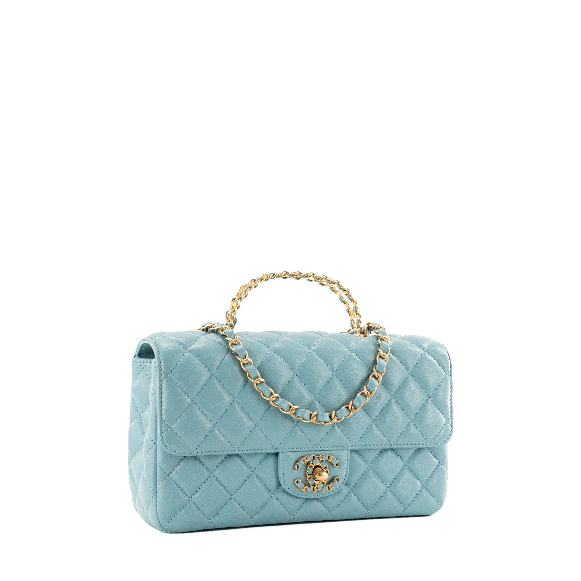 CHANEL - Sac à bandoulière Classique/Timeless Top Handle Chanel en cuir lisse bleu