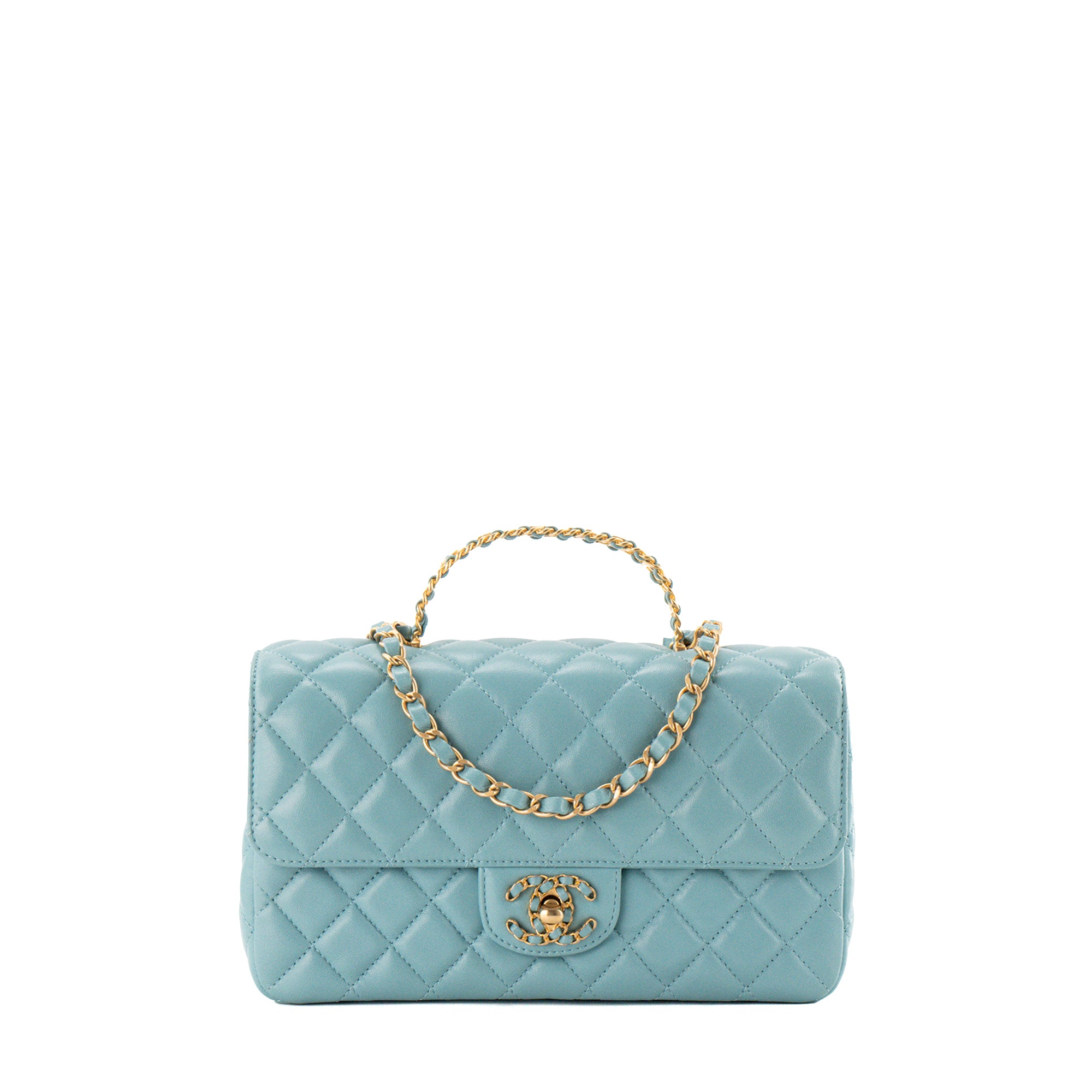 CHANEL - Sac à bandoulière Classique/Timeless Top Handle Chanel en cuir lisse bleu
