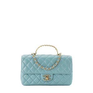 CHANEL - Sac à bandoulière Classique/Timeless Top Handle Chanel en cuir lisse bleu