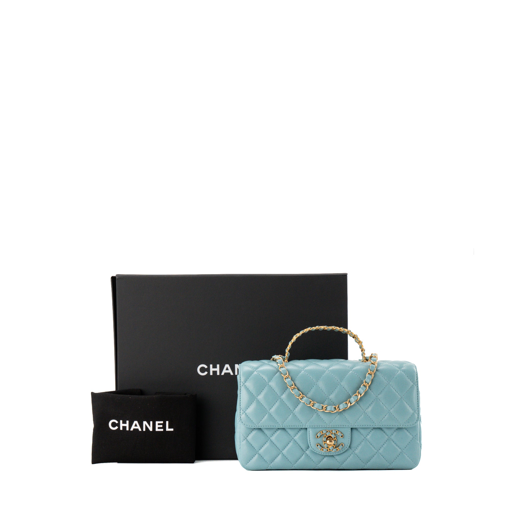 CHANEL - Sac à bandoulière Classique/Timeless Top Handle Chanel en cuir lisse bleu