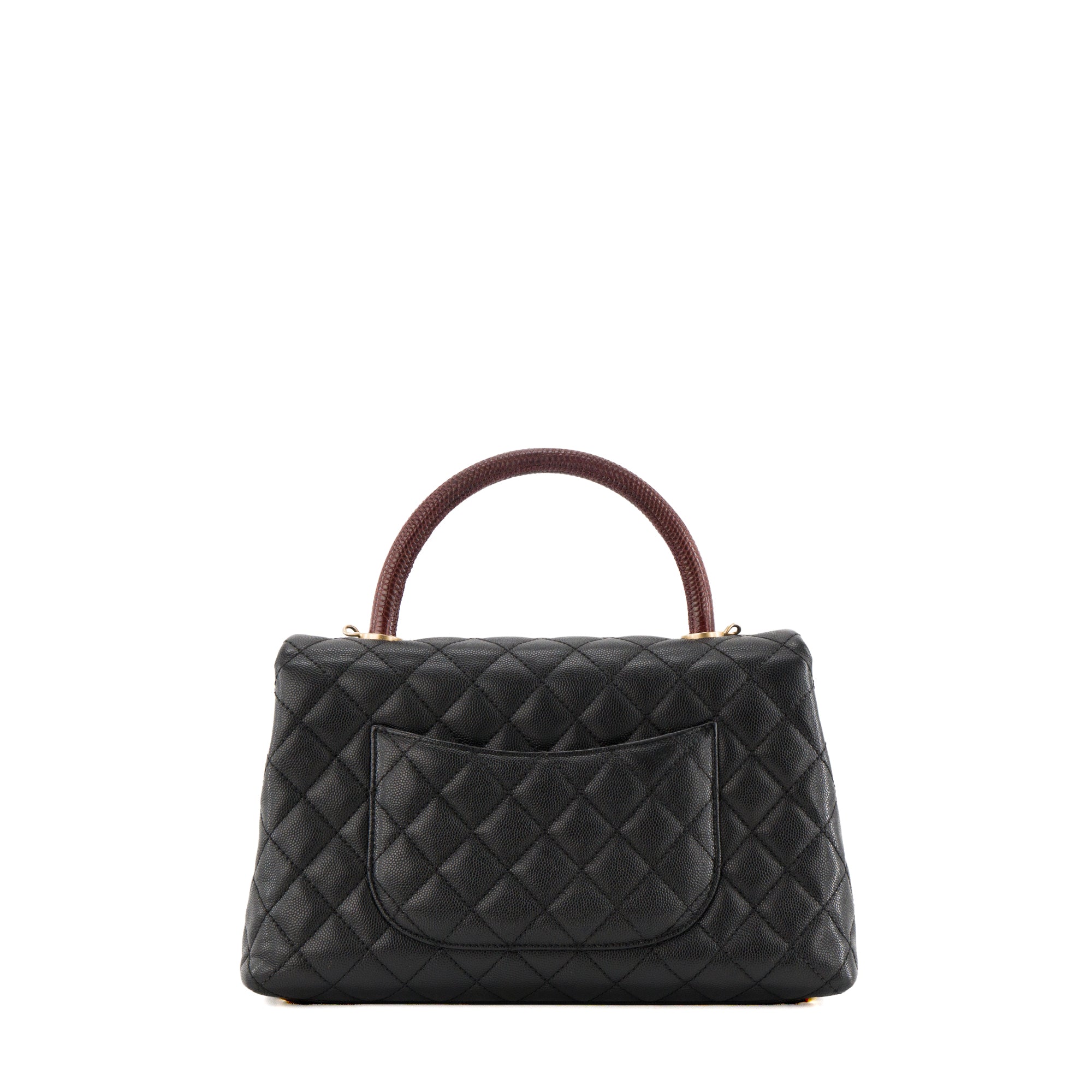 CHANEL - Sac à bandoulière Coco Handle Chanel en cuir caviar noir et anse en cuir exotique lézard bordeaux
