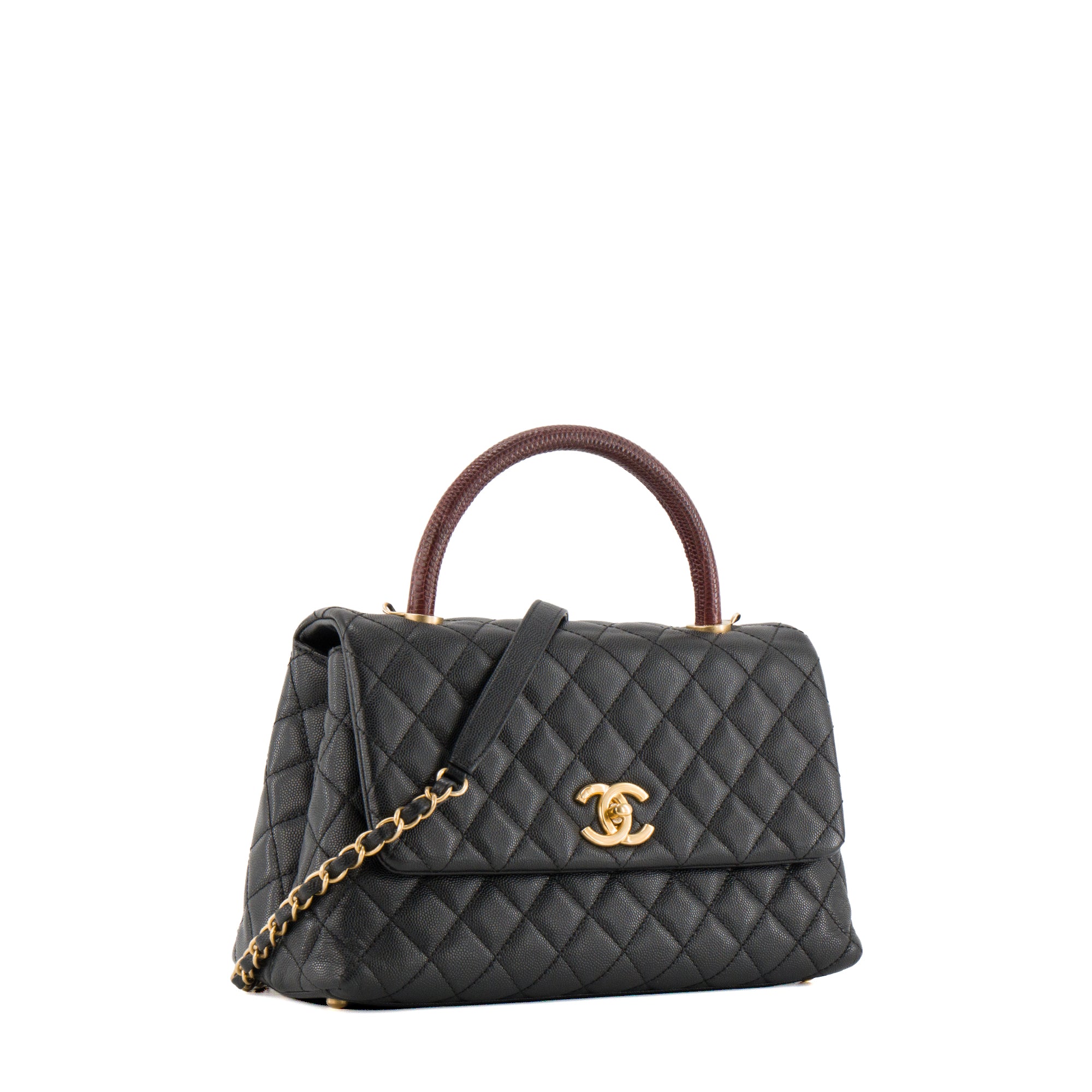 CHANEL - Sac à bandoulière Coco Handle Chanel en cuir caviar noir et anse en cuir exotique lézard bordeaux