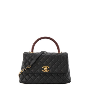 CHANEL - Sac à bandoulière Coco Handle Chanel en cuir caviar noir et anse en cuir exotique lézard bordeaux