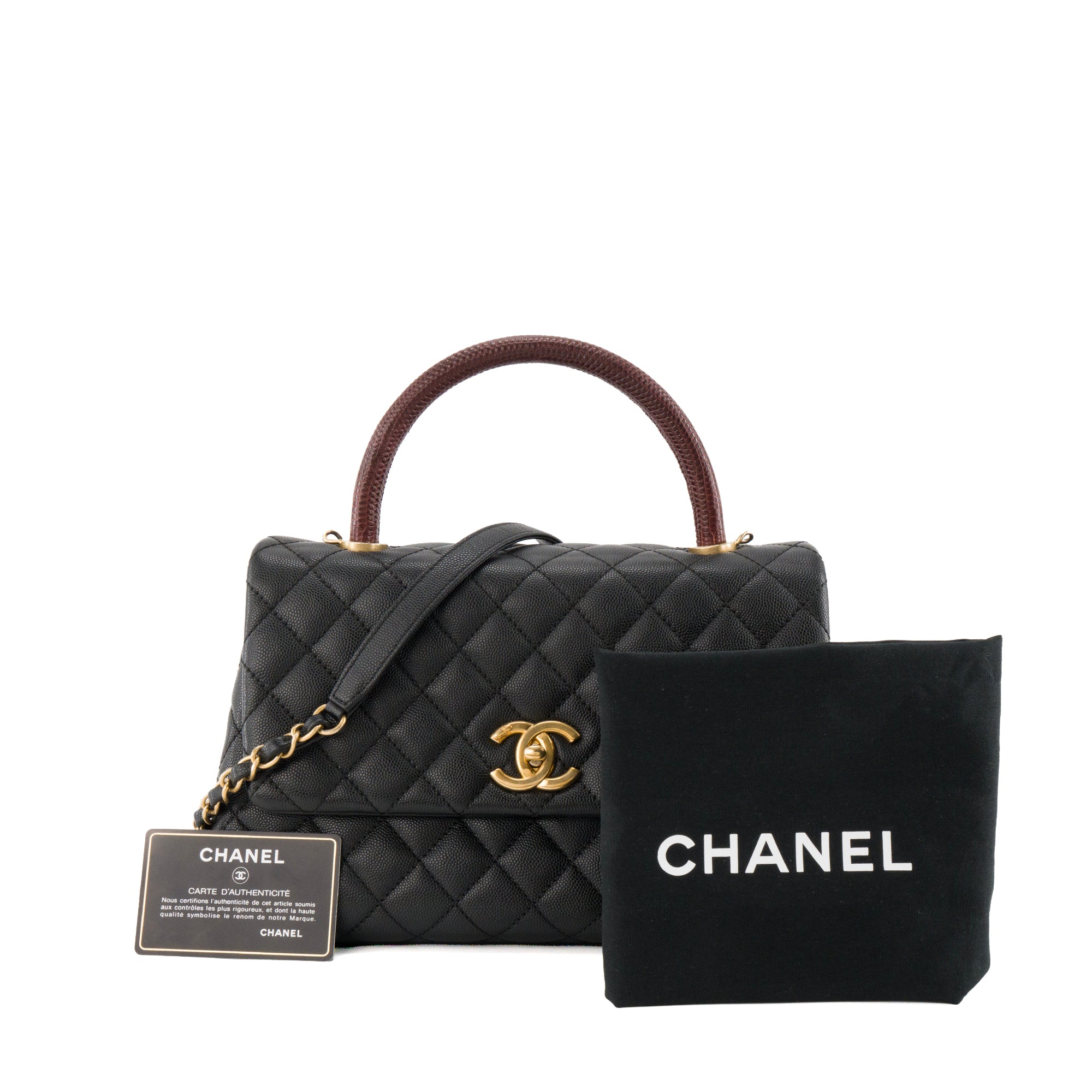 CHANEL - Sac à bandoulière Coco Handle Chanel en cuir caviar noir et anse en cuir exotique lézard bordeaux