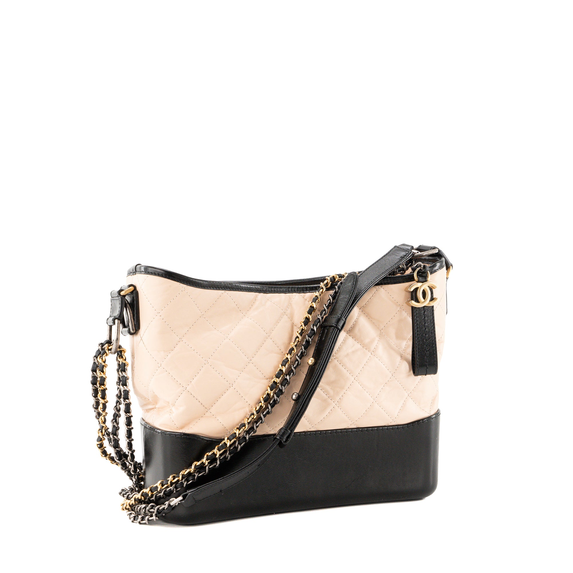 CHANEL - Sac à bandoulière Gabrielle Large Chanel en cuir froissé beige et cuir lisse noir