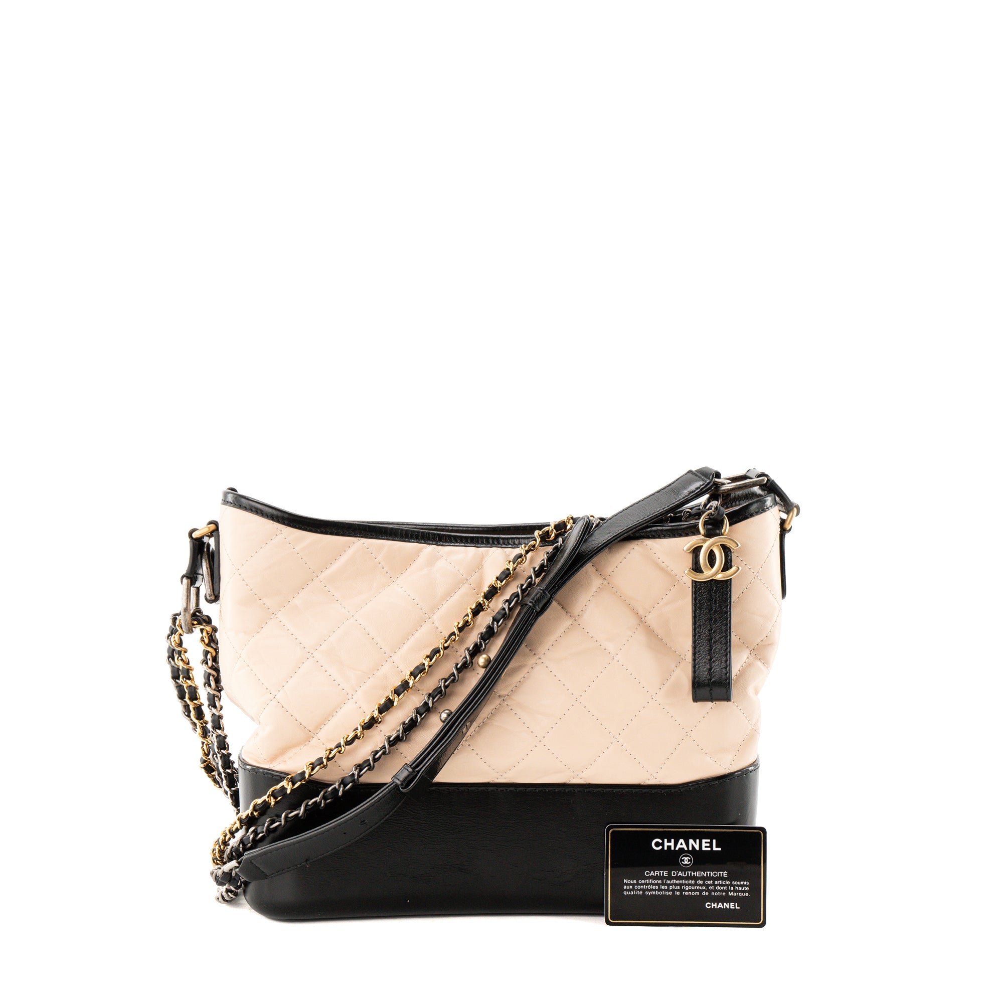 CHANEL - Sac à bandoulière Gabrielle Large Chanel en cuir froissé beige et cuir lisse noir