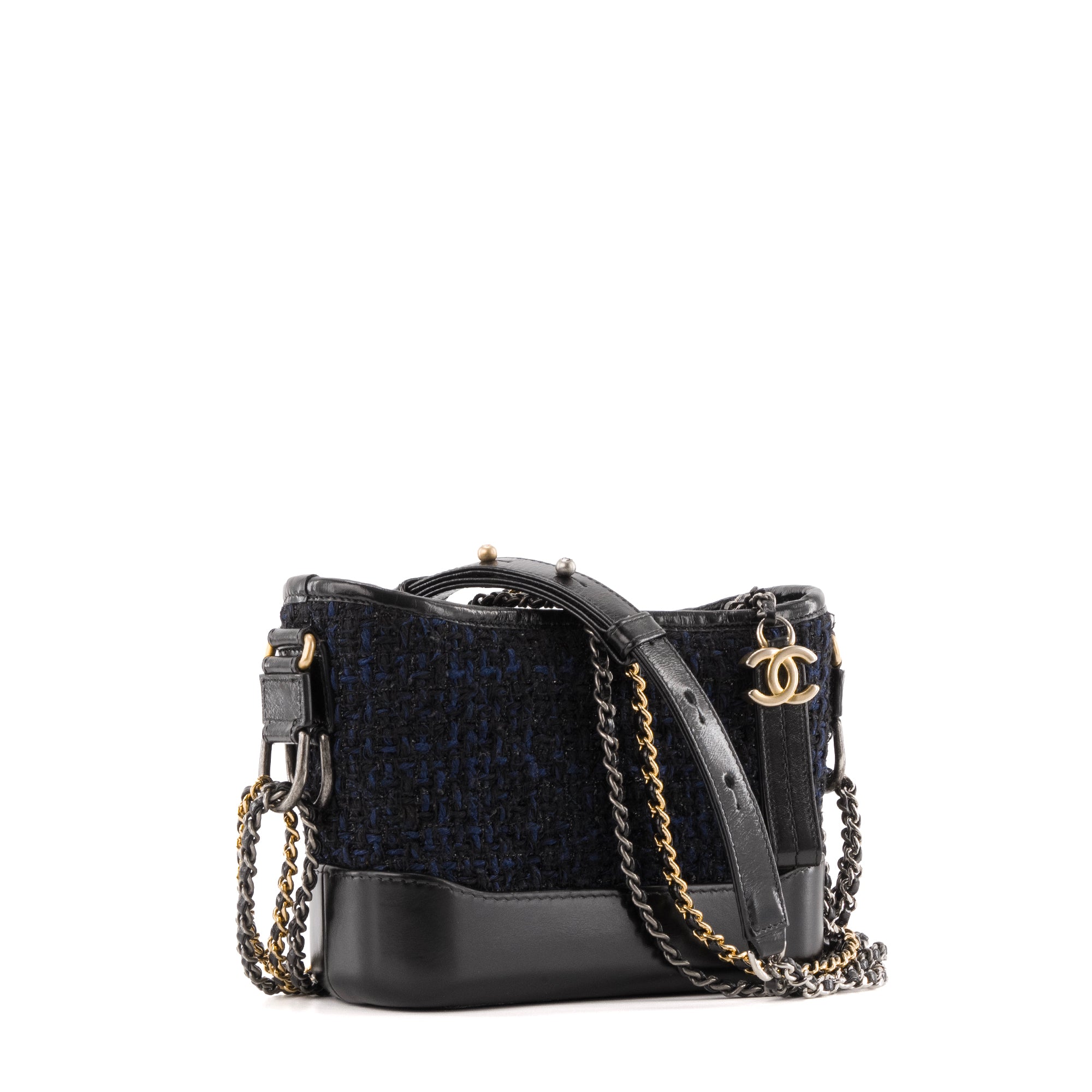 CHANEL - Sac à bandoulière Gabrielle mini Chanel en cuir bleu marine et tweed