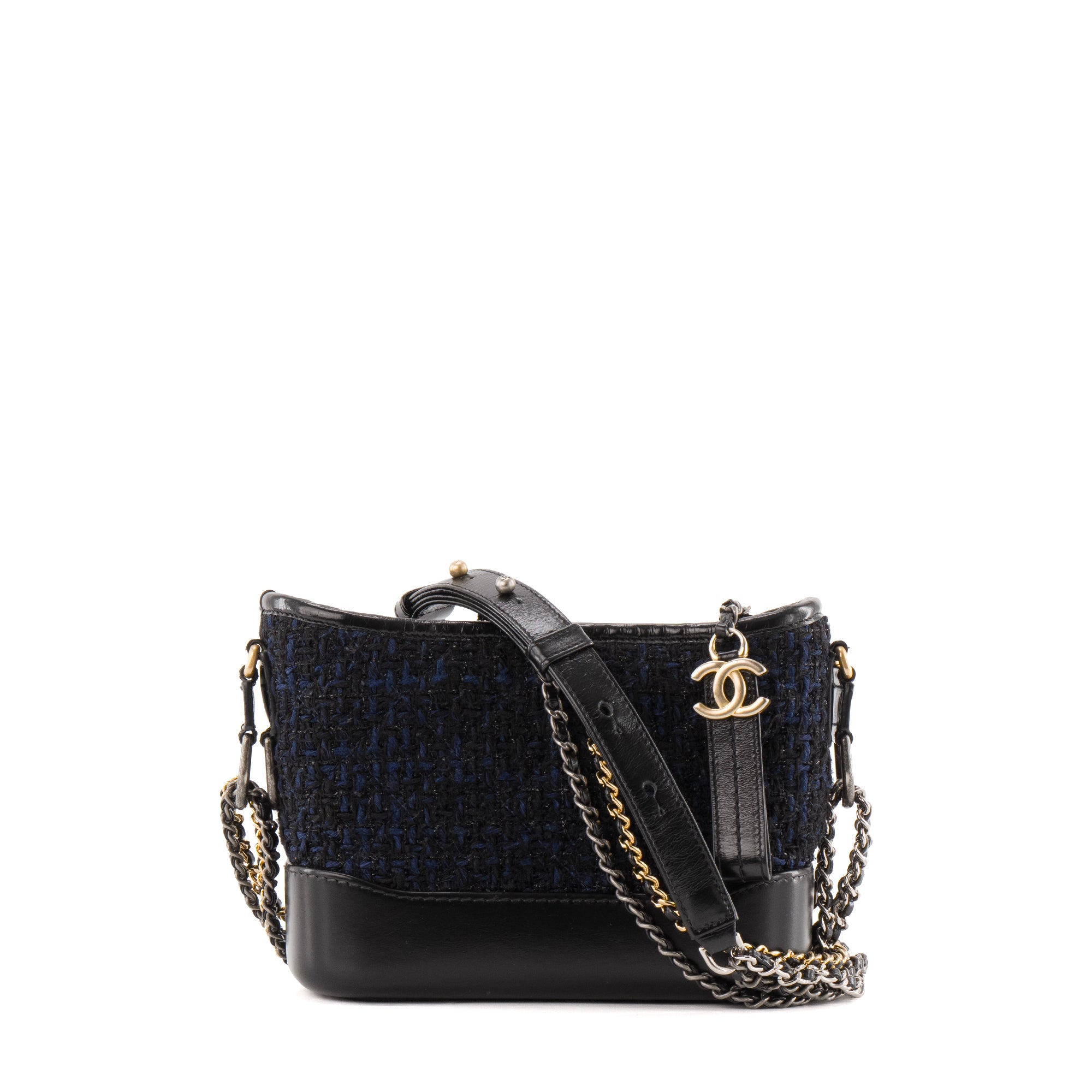 CHANEL - Sac à bandoulière Gabrielle mini Chanel en cuir bleu marine et tweed