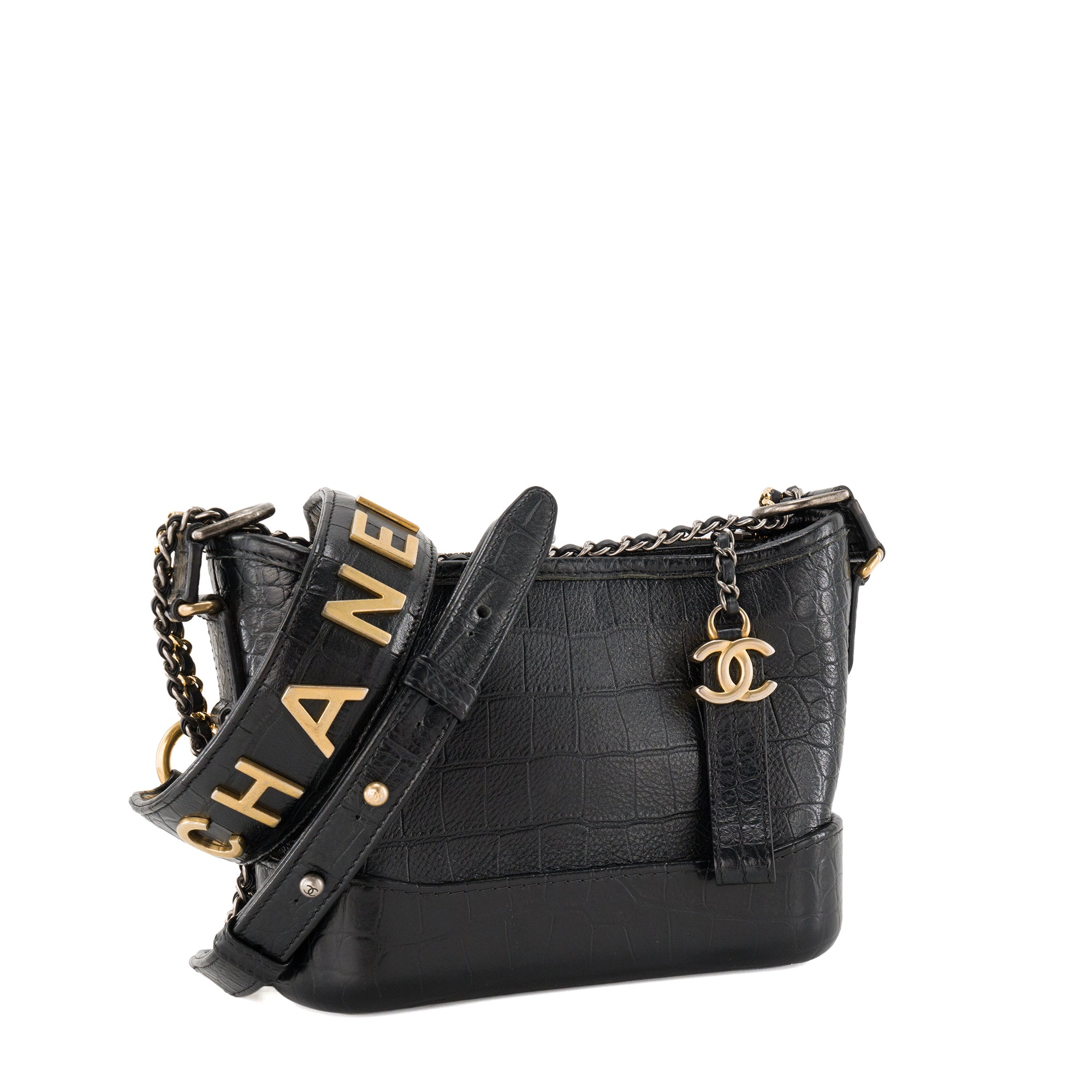 CHANEL - Sac à bandoulière Gabrielle mini Chanel en cuir embossé crocodile noir