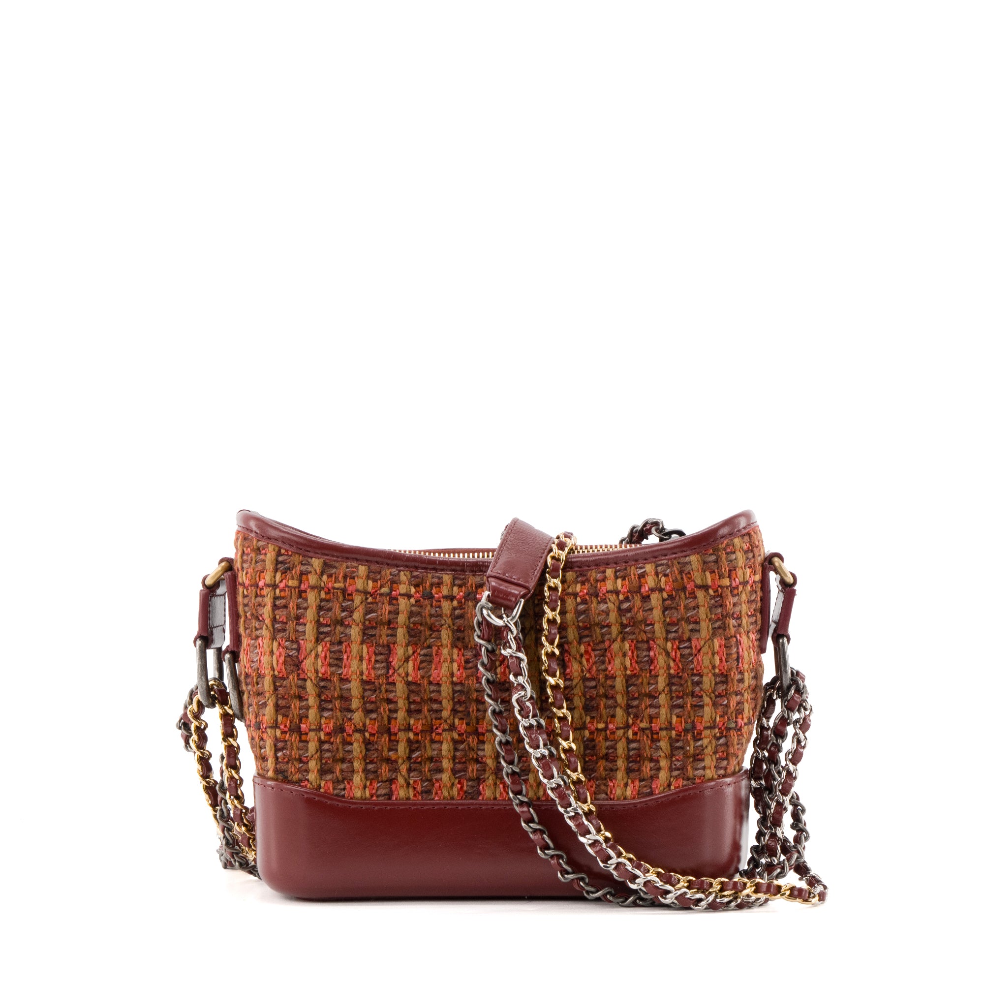 CHANEL - Sac à bandoulière Gabrielle mini Chanel en cuir et tweed bordeaux