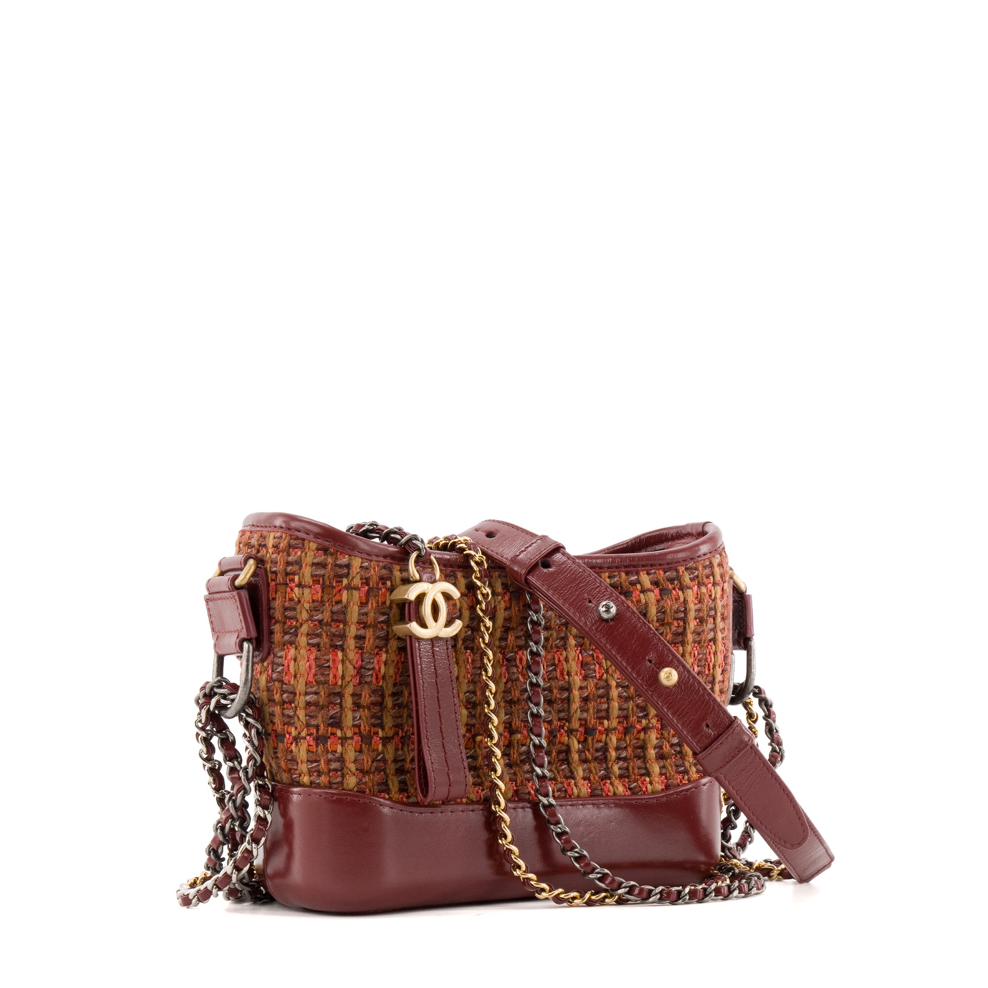 CHANEL - Sac à bandoulière Gabrielle mini Chanel en cuir et tweed bordeaux